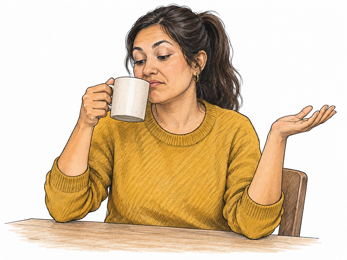 Woman sips plain mug of lukewarm coffee, mildly unimpressed small shrug yet continues drinking; relaxed seated half figure, spare table edge, acceptable though unexciting, no steam or text.