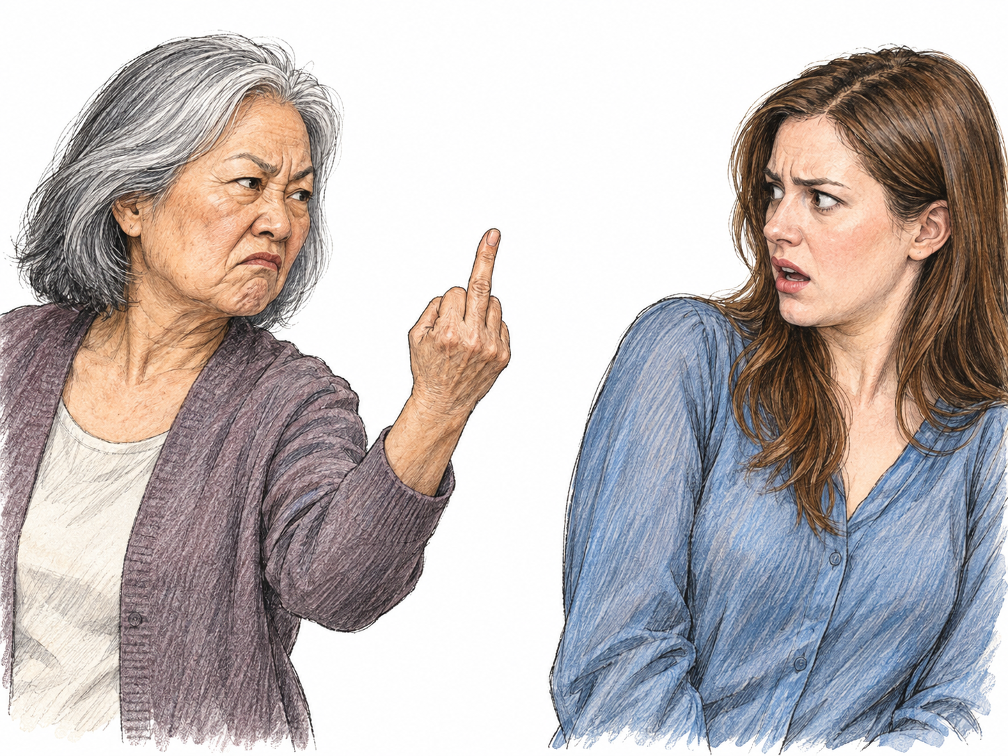 An older woman directs an unmistakable middle-finger gesture at a young adult woman, who recoils with an offended expression.