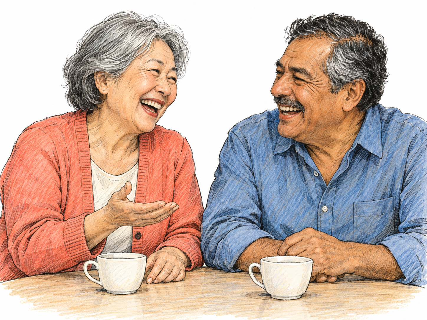 An exuberantly good-humored older woman shares a hearty laugh with an older male friend over tea, leaning toward him with a welcoming open hand while he laughs along.