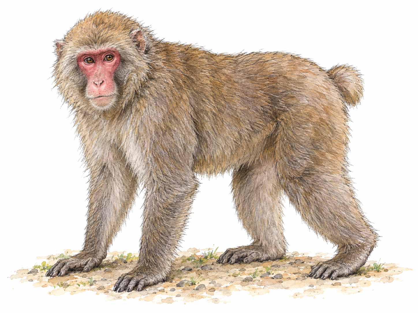 A single adult Japanese macaque standing on all fours in a three-quarter side view, with its short tail clearly silhouetted, pink bare face, rounded ears, and dense brown-gray fur recognizable at card size.