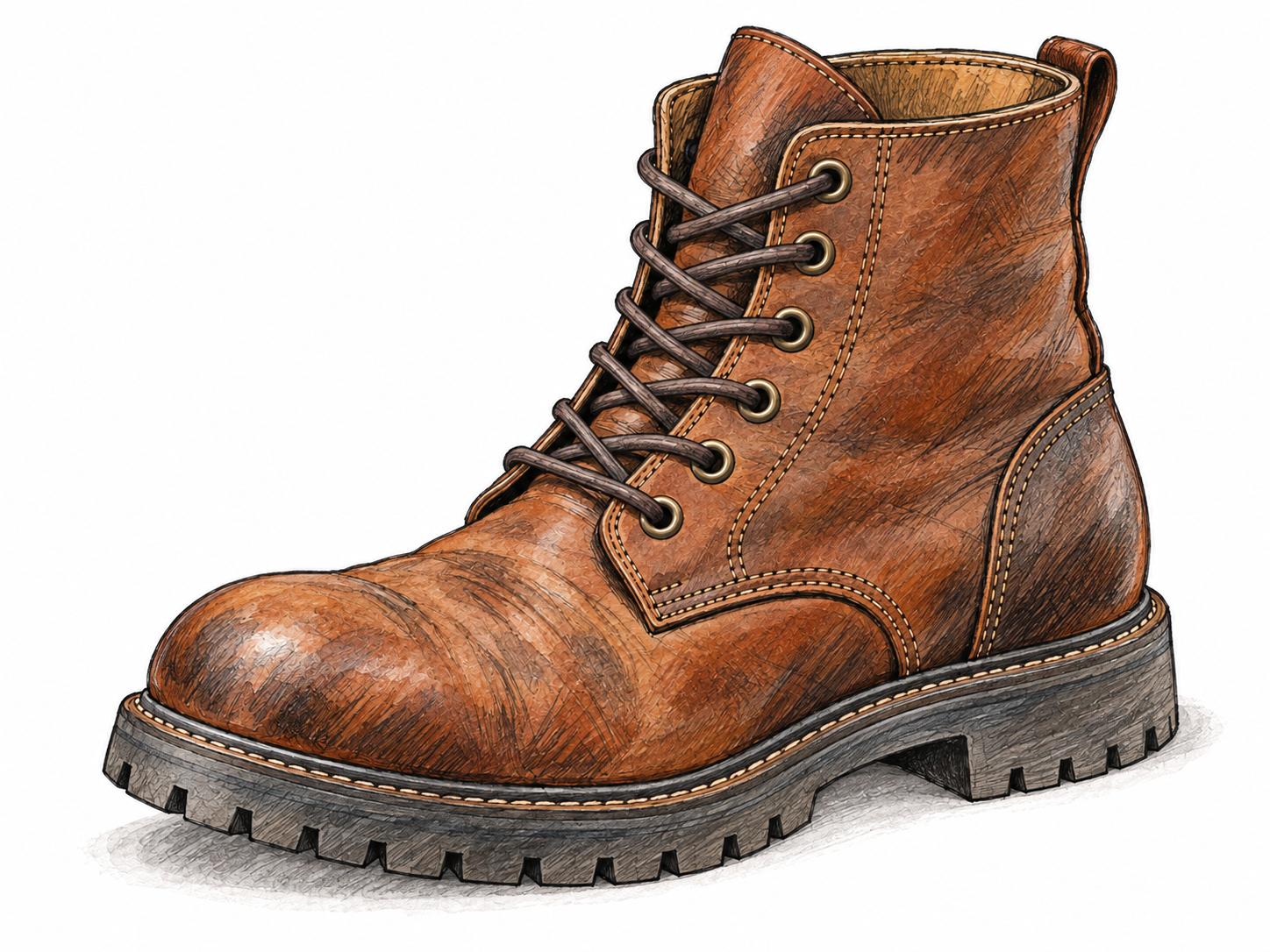 A single sturdy leather ankle boot in three-quarter view, clearly showing its enclosed foot, ankle-high shaft, laces, and thick treaded sole.