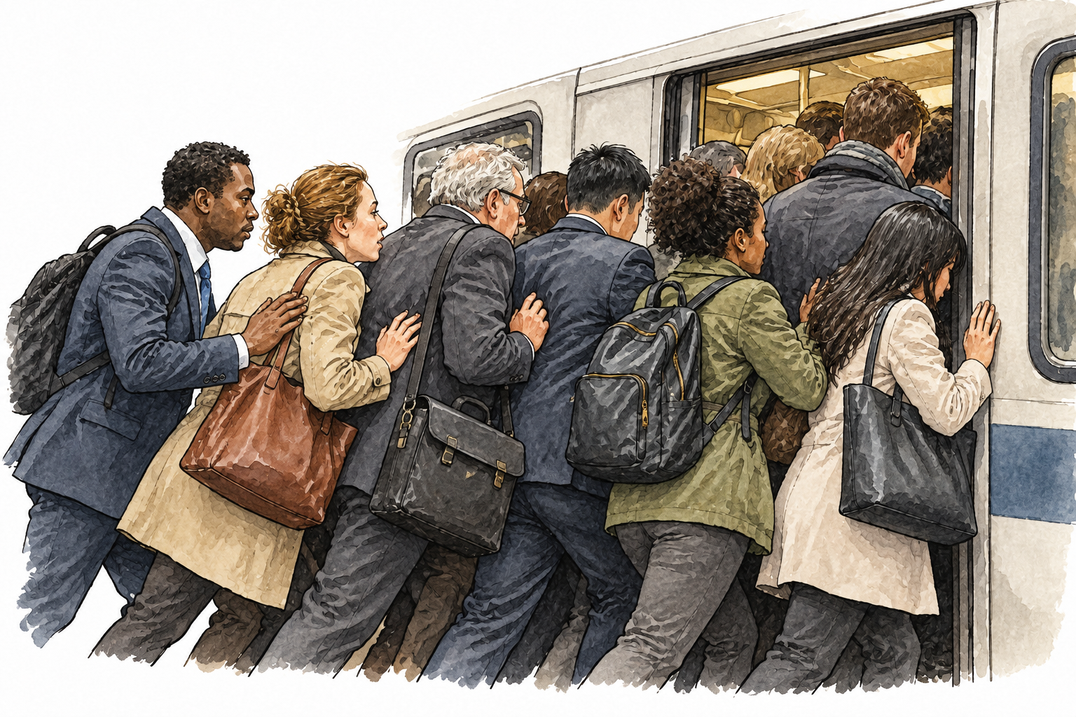 Tightly packed mixed group of commuters crowding and pushing toward a station doorway, ordinary nonviolent scrum.