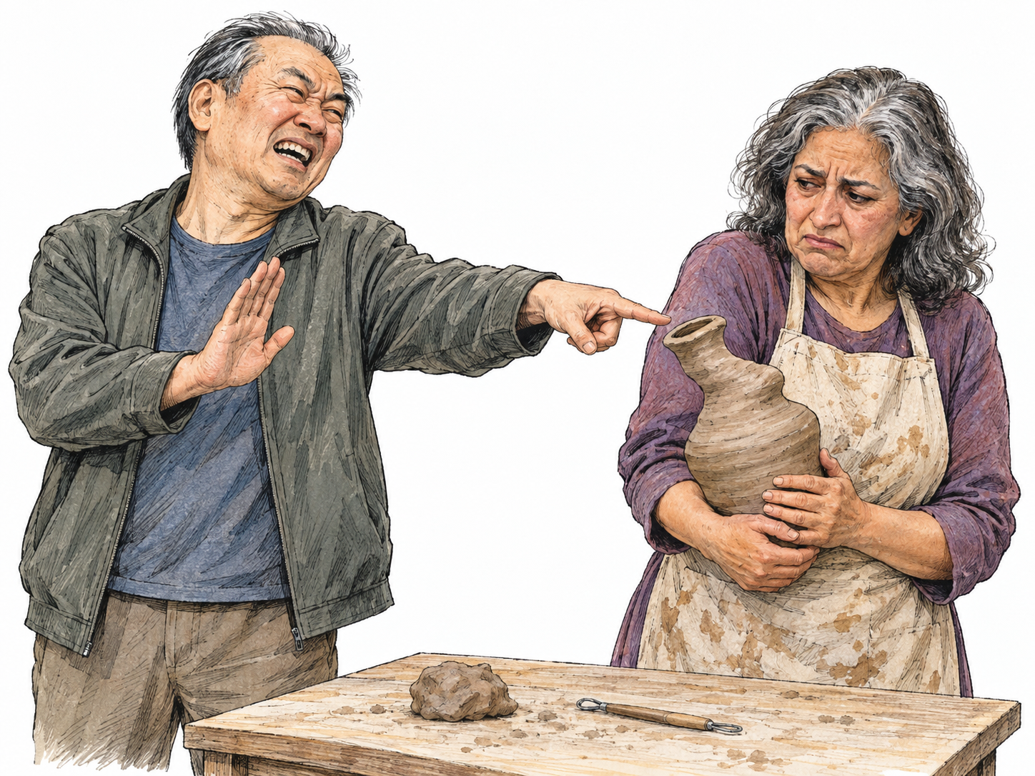 An older man derides an older woman's handmade clay vase, pointing directly at its crooked shape with an exaggerated sneering laugh while she holds it protectively and recoils, visibly hurt.