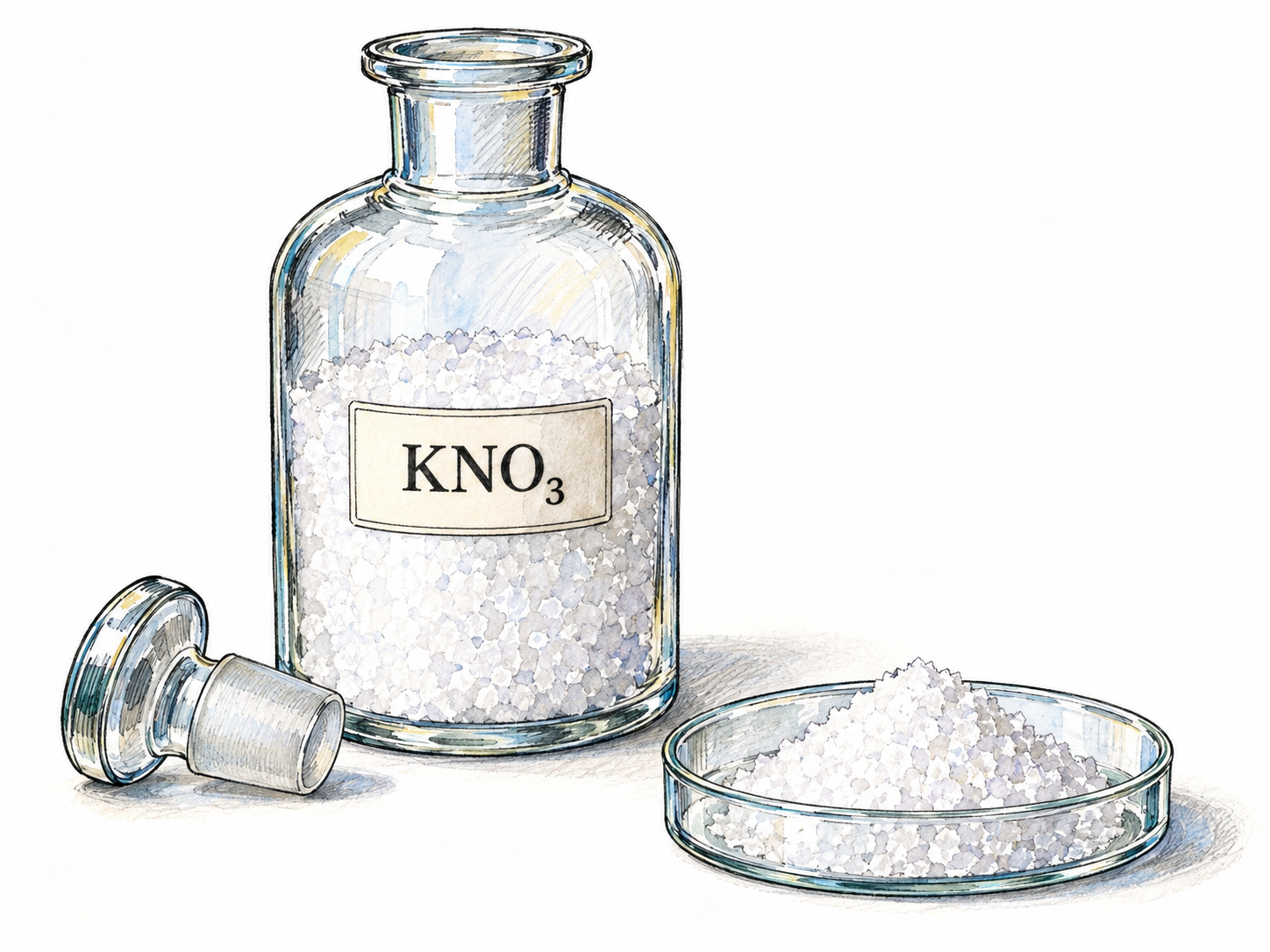 An open laboratory reagent bottle containing white crystalline potassium nitrate, with the indispensable chemical formula KNO₃ on its small label and a few crystals in a shallow sample dish beside it.