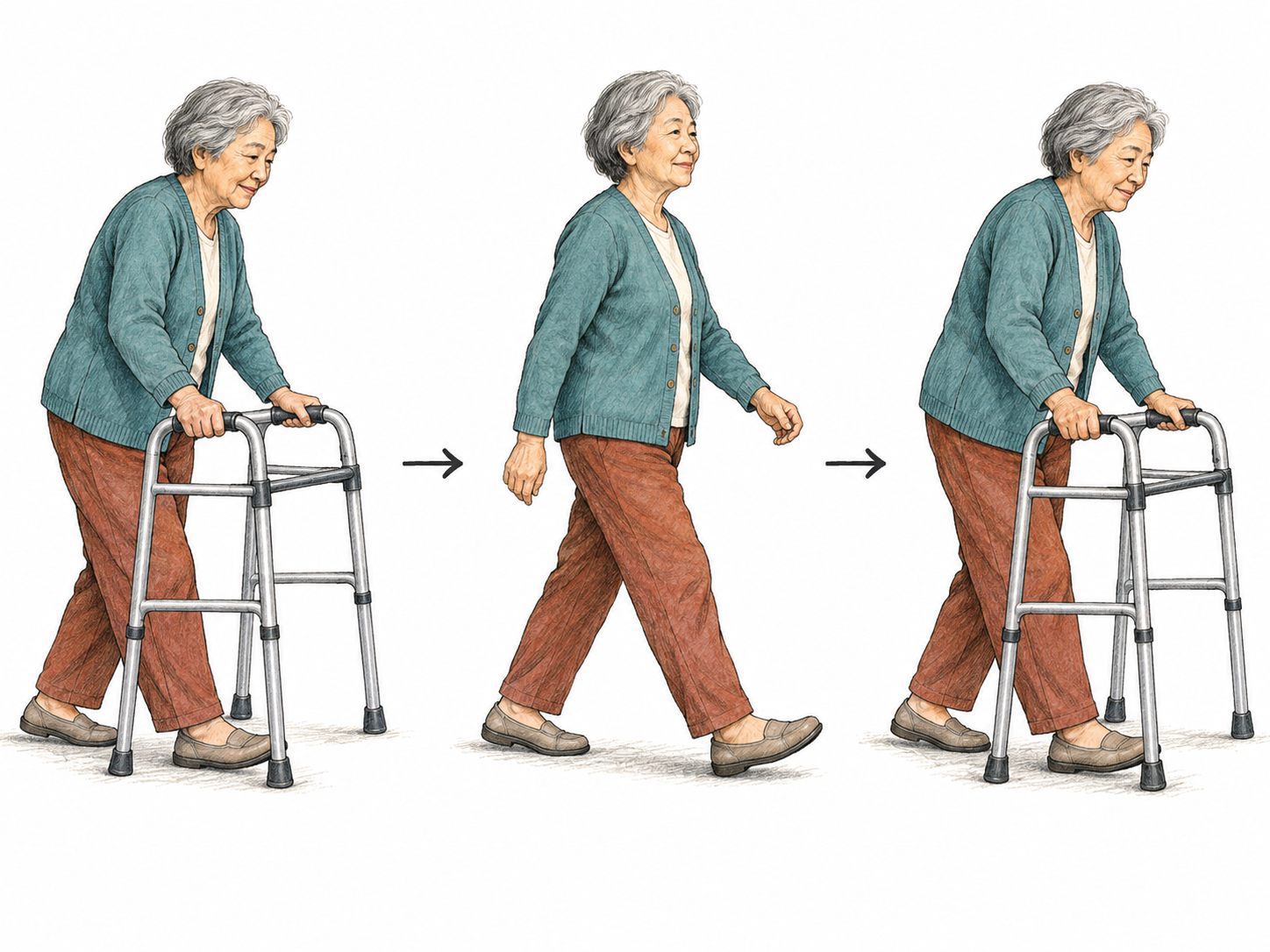 A three-stage rehabilitation sequence shows the same older woman walking with a walker, then walking independently, then needing the walker again.