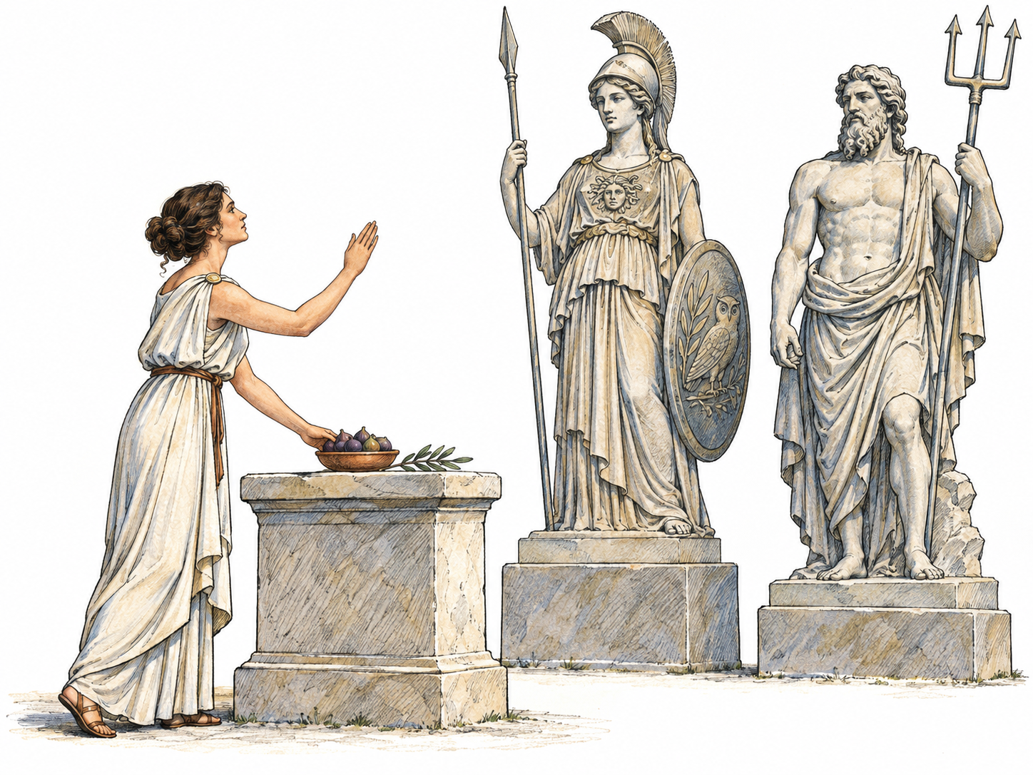 An ancient Greek worshipper places an offering on an altar before recognizable statues of Athena and Poseidon, making pre-Christian polytheistic worship visible through the person's action and the two distinct deities.