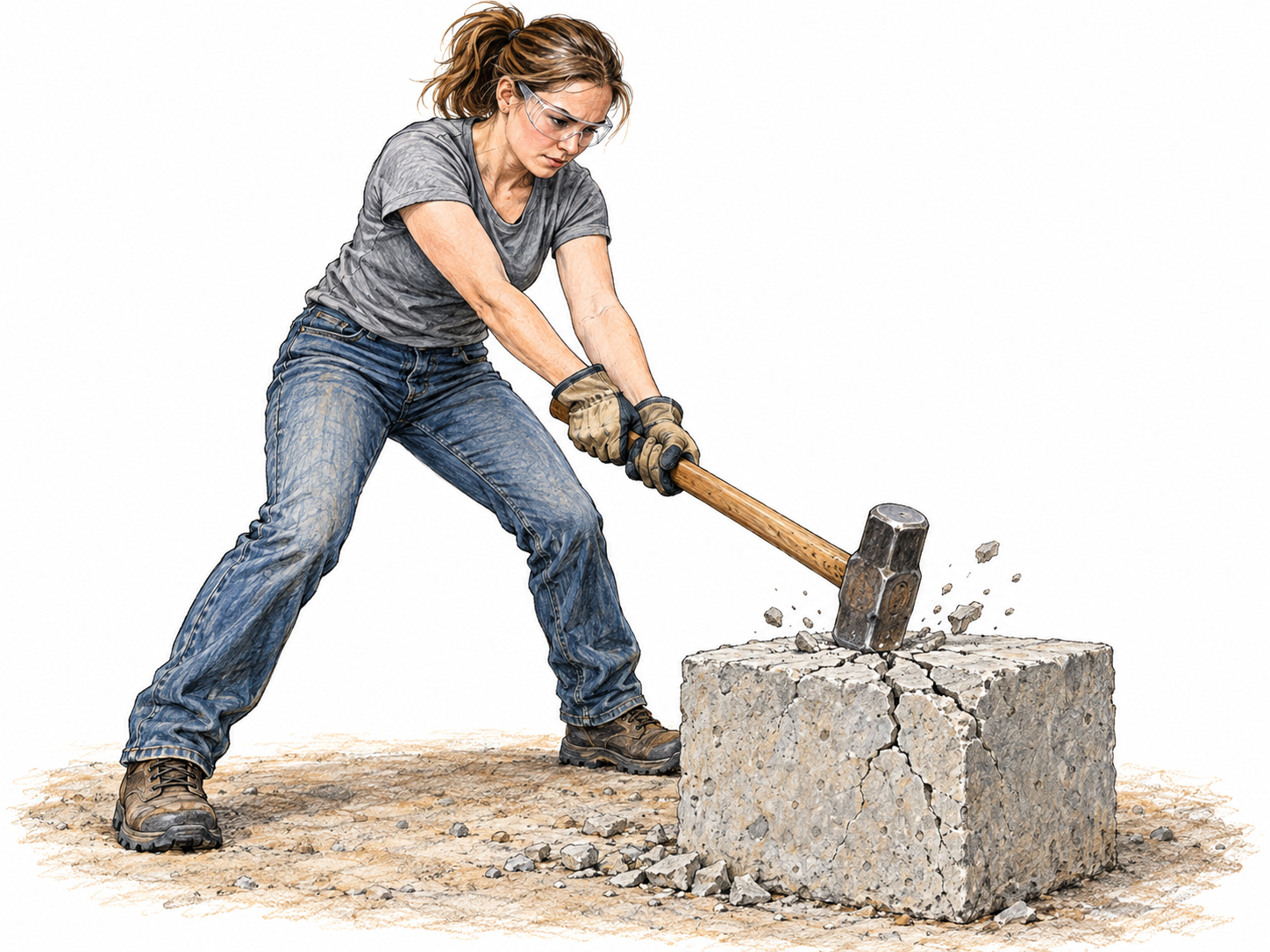 A worker drives a heavy sledgehammer into a concrete block, captured at impact as the block cracks and small chips scatter, making the forceful blow unmistakable.