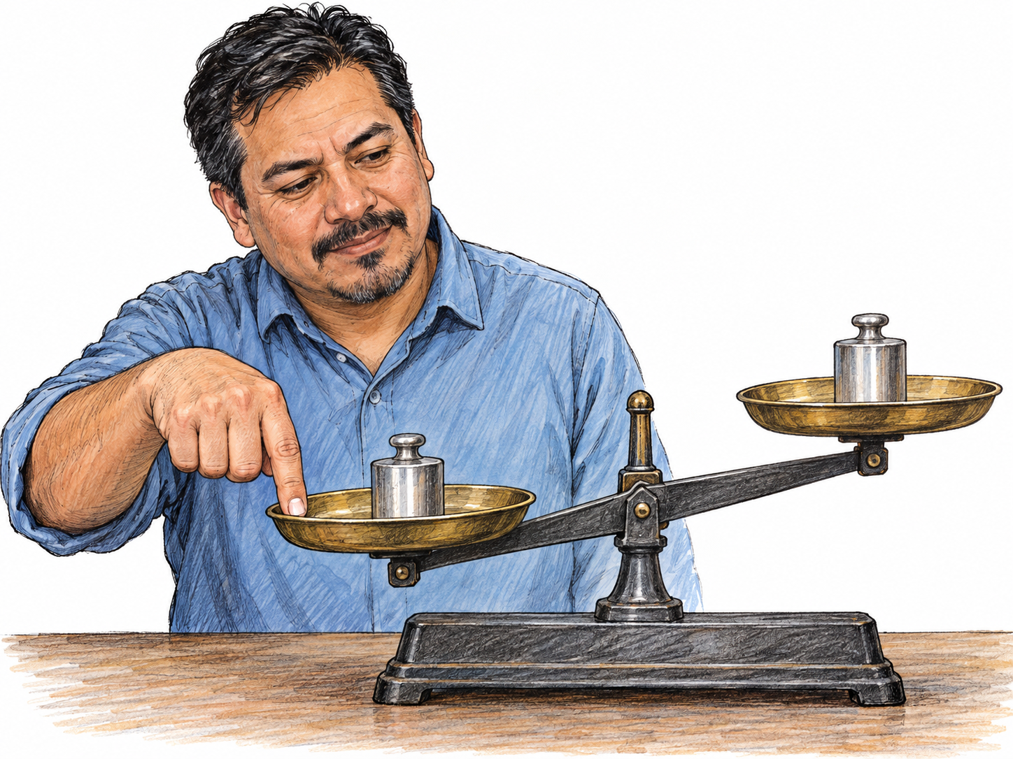 A man presses one pan of a balance scale downward with his finger despite identical weights in both pans, visibly distorting the comparison.