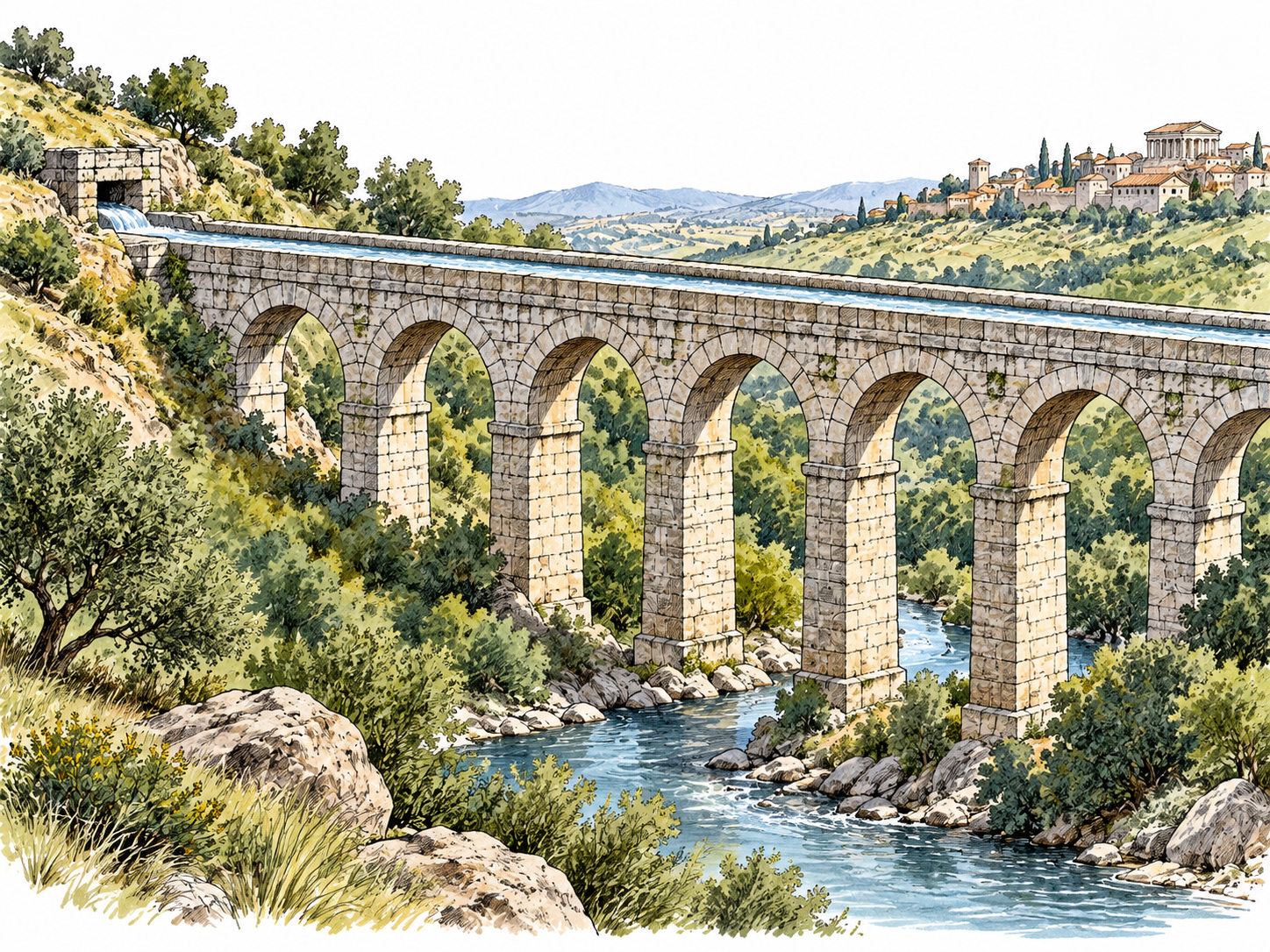 Roman aqueduct carries water across valley on stone arches.
