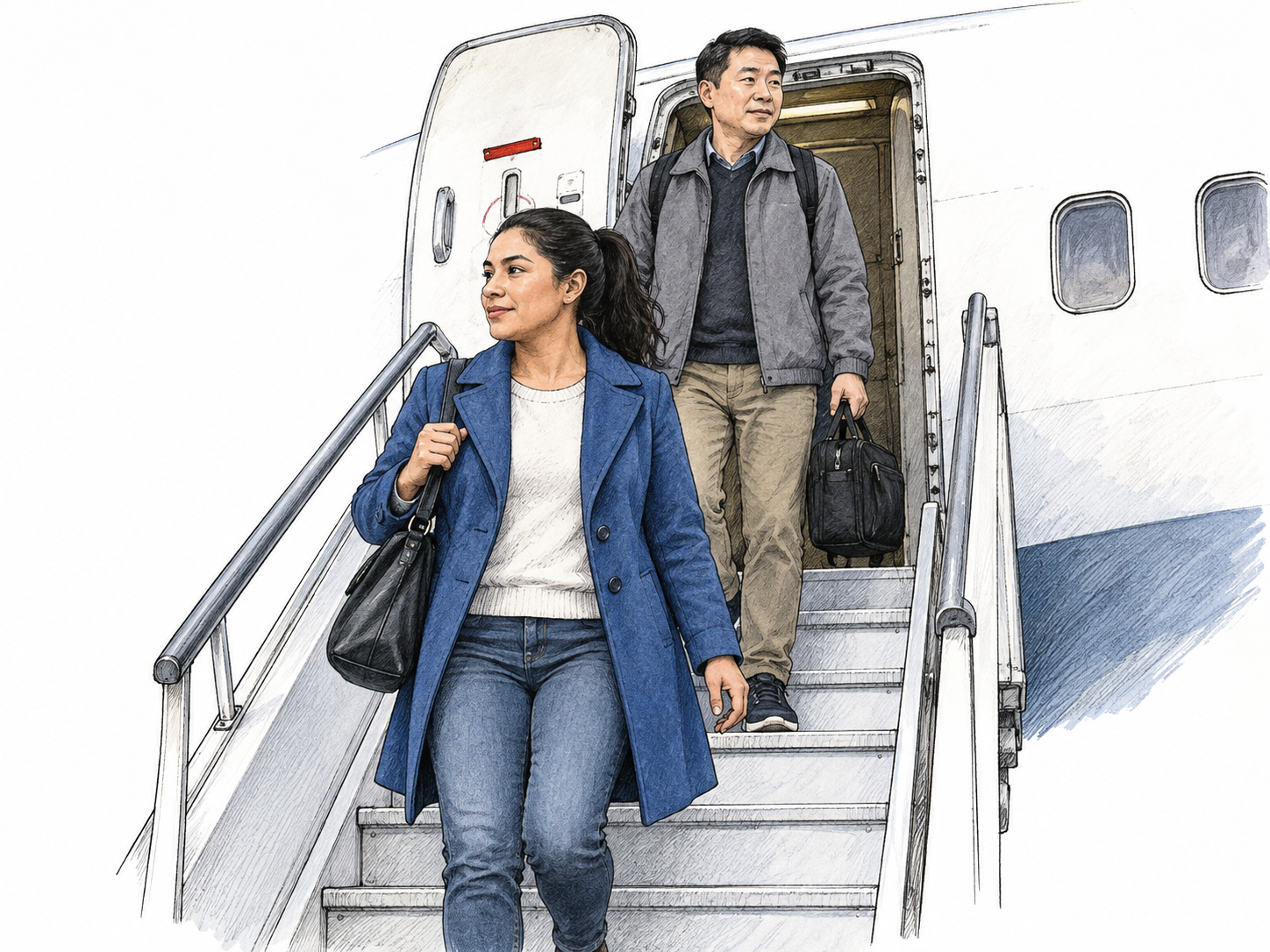 Passengers descend portable stairs from landed passenger aircraft door carrying small bags, clear leaving aircraft after landing; only door/fuselage fragment and stairs, no airport panorama.