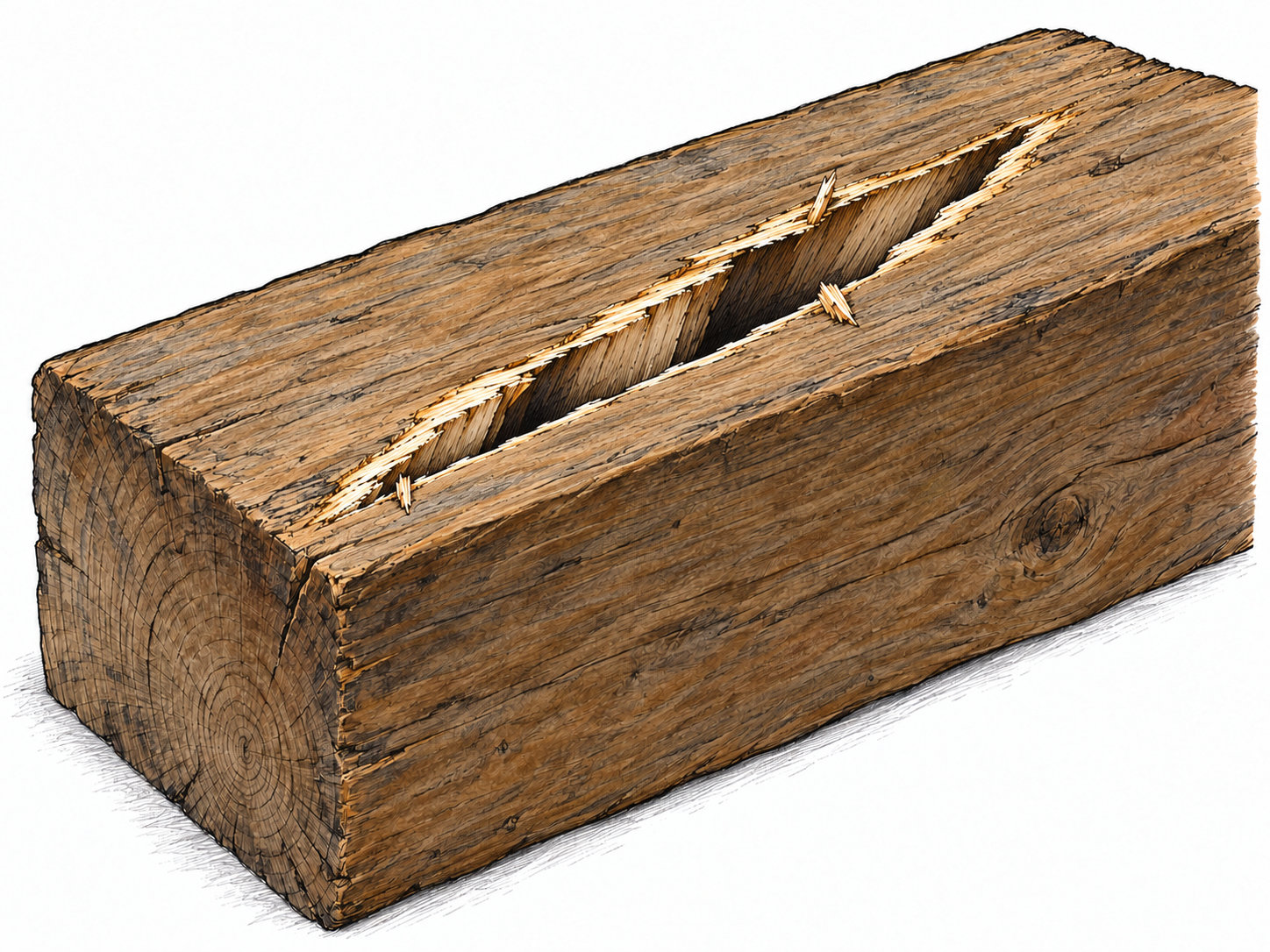 A close view of a timber beam with one long, deep gash across its upper surface, showing sharply separated edges and exposed pale wood inside.
