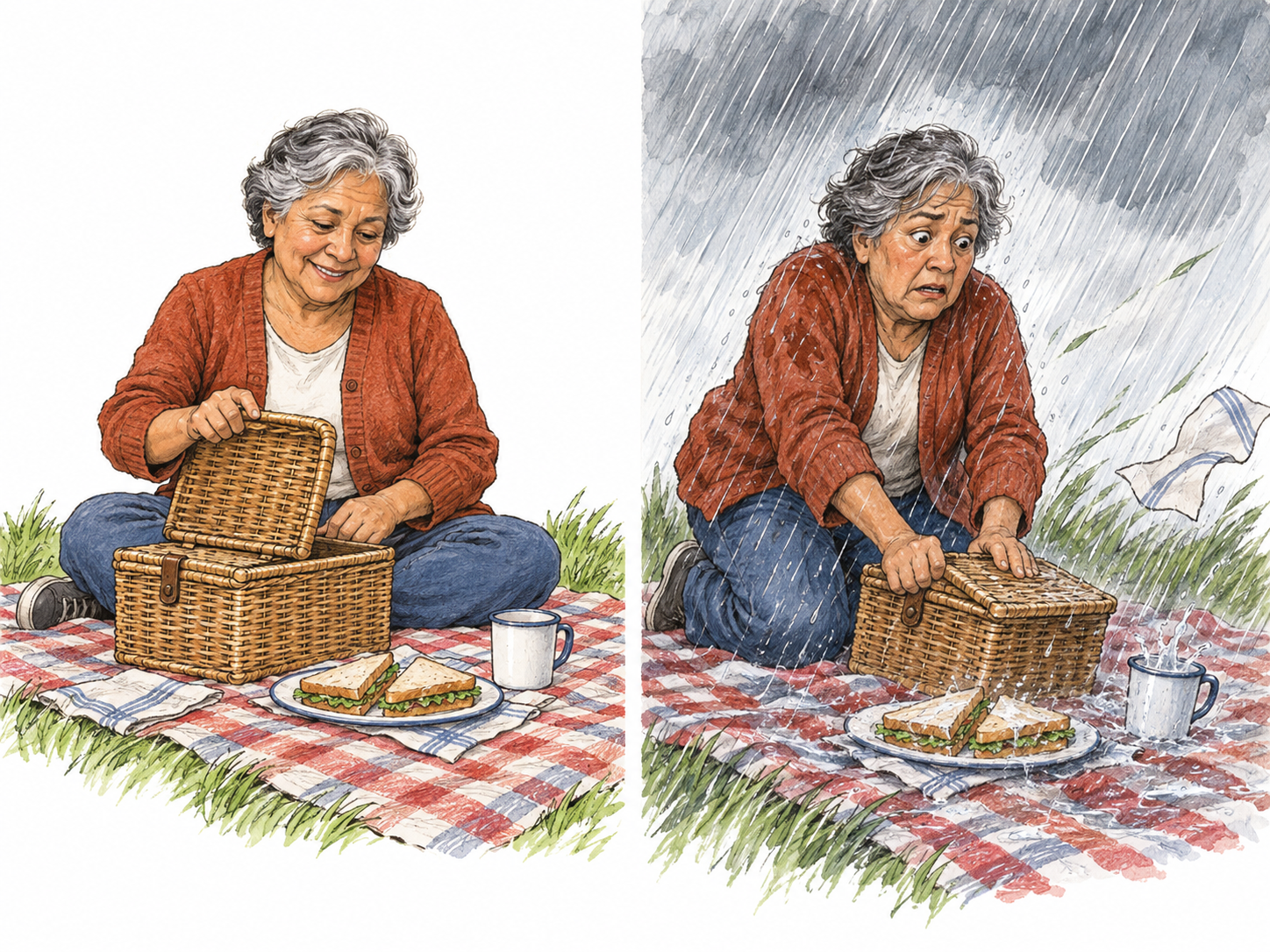A text-free two-moment sequence shows a pleasant outdoor picnic abruptly disrupted by a downpour: the same older woman goes from relaxed enjoyment to startled scrambling as rain soaks her meal.