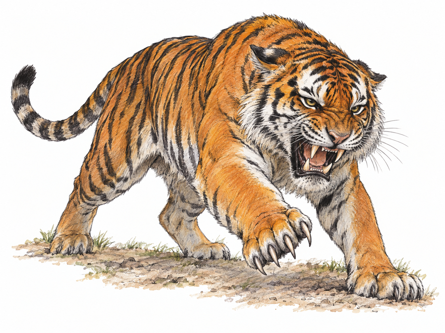 A snarling tiger lunges forward with bared teeth, flattened ears, tense shoulders, and one raised forepaw with extended claws, making aggressive force immediately visible.