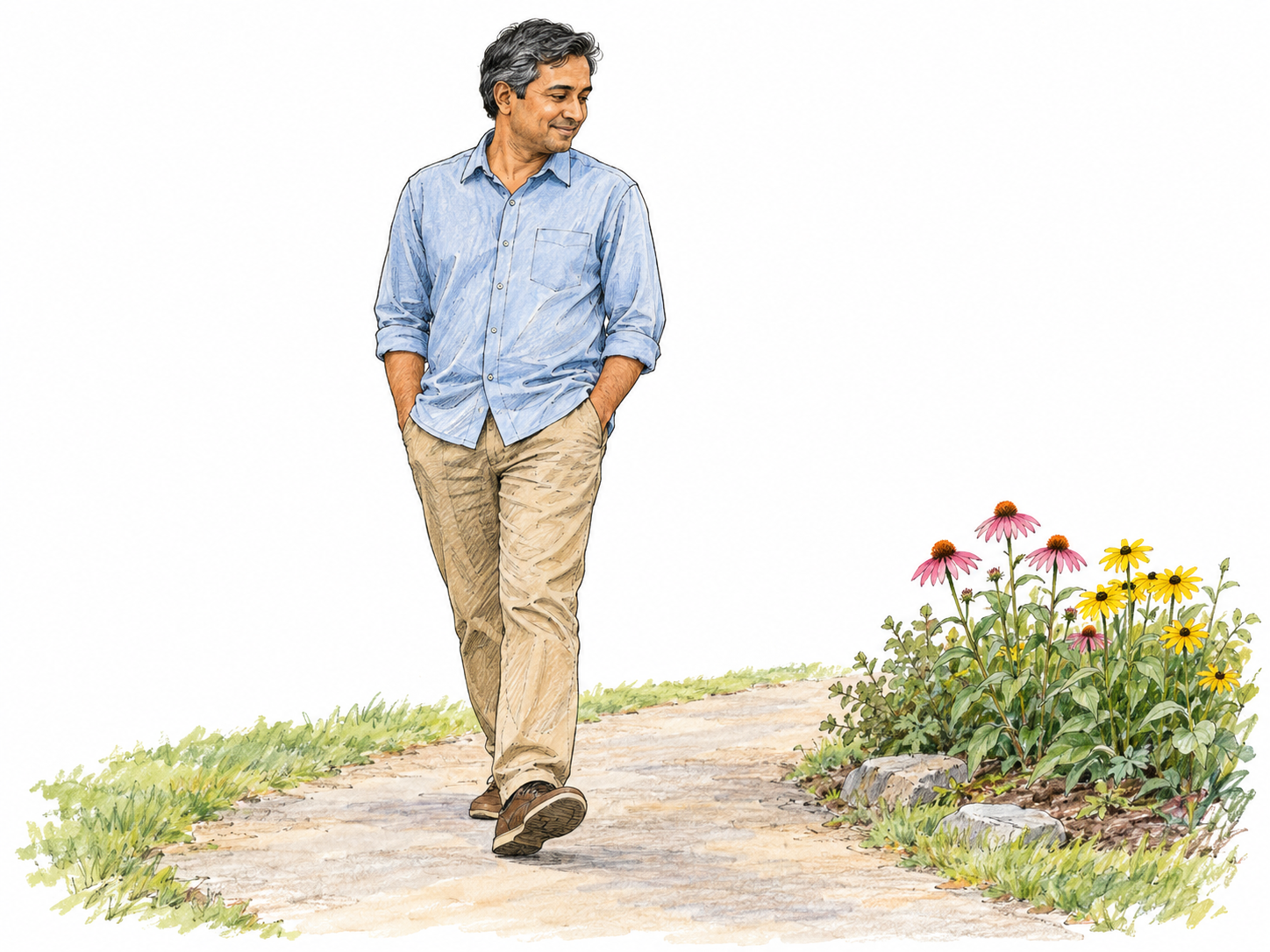 A relaxed man strolls along a simple park path with his hands loosely in his pockets, shoulders dropped, and a short easy step, casually looking at nearby flowers.