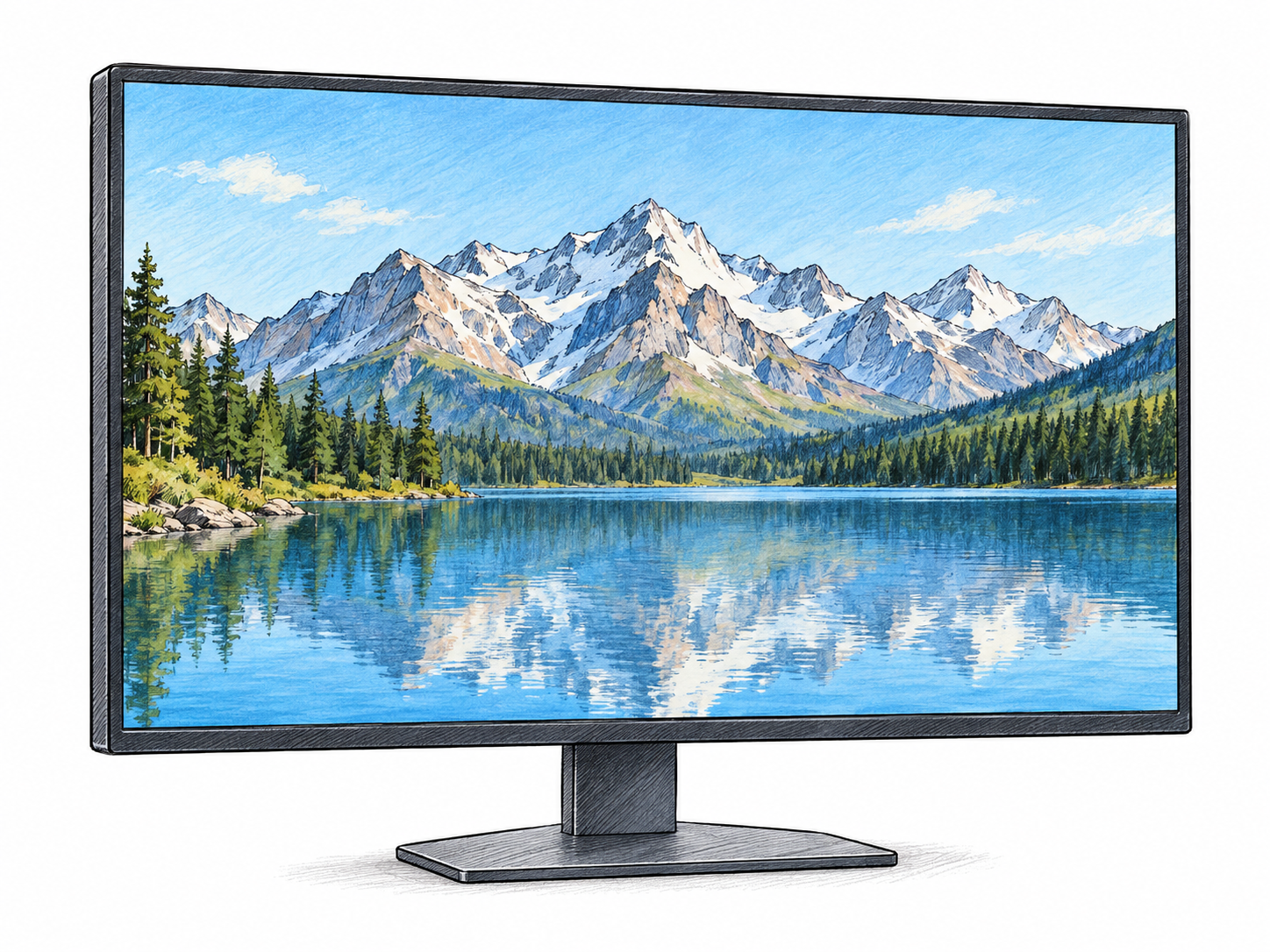 A slim desktop monitor whose broad, flat display shows a colorful mountain-and-lake image, making the image-bearing surface the unmistakable focus.