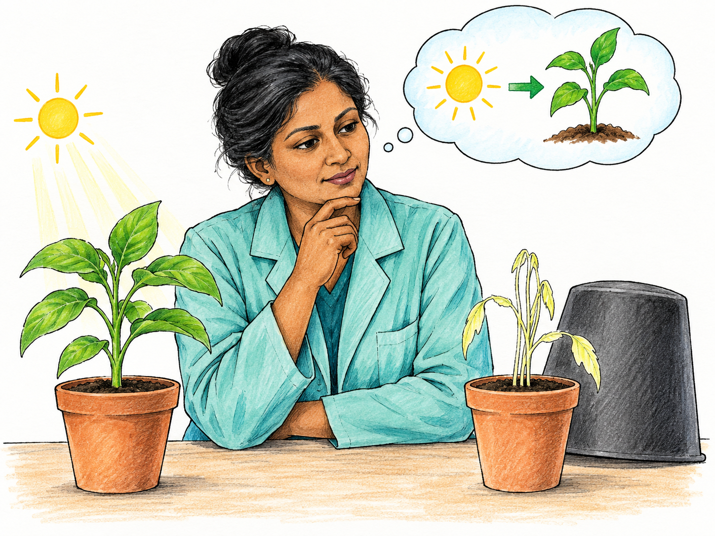 Scientist considers evidence from two plants, one healthy in light and one pale under removed opaque cover, beside simple drawing sun arrow to growing plant in thought bubble; explanation of light affecting growth supported by comparison, no text or complex lab.