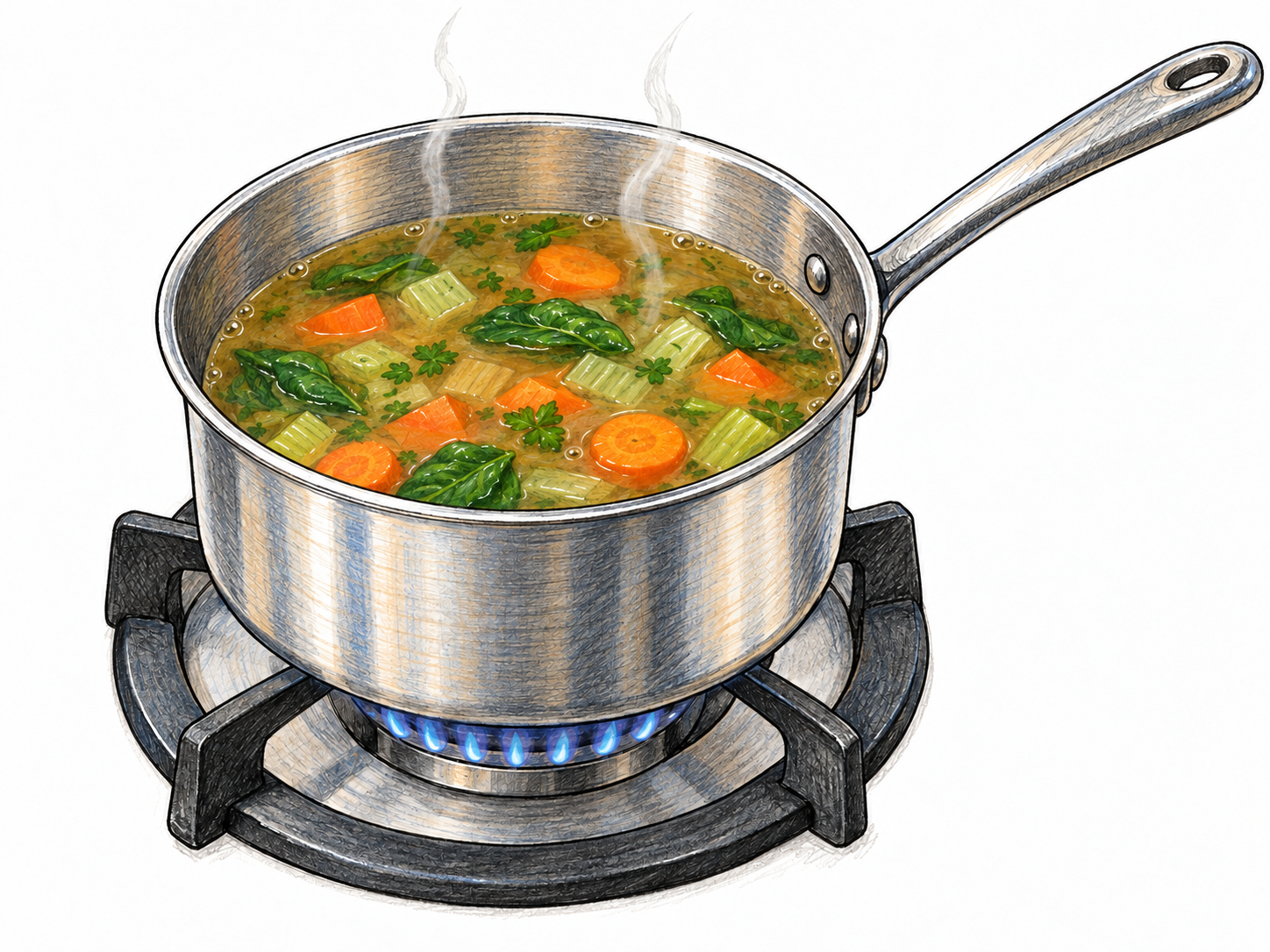 A close view of soup cooking gently in an uncovered saucepan over a low gas flame: a mostly calm surface, a few tiny bubbles at the edges, and delicate wisps of steam distinguish simmering from a rolling boil.