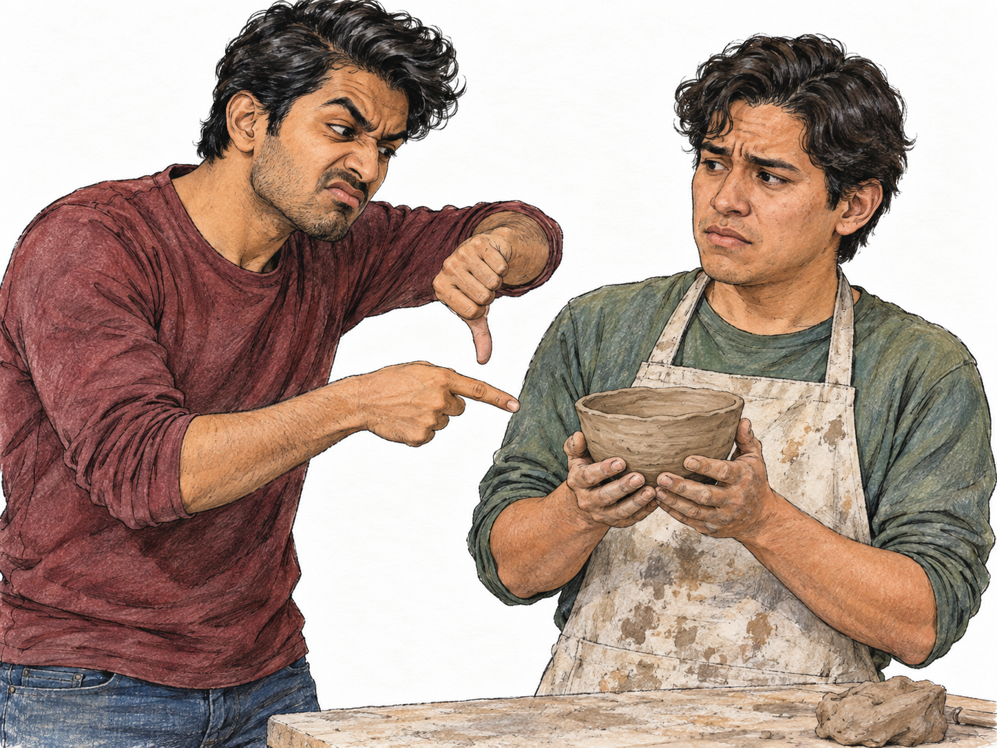 A young man openly belittles another man's handmade clay bowl, pointing at it with a mocking sneer and a contemptuous thumbs-down while its maker holds it protectively and draws back, visibly hurt.