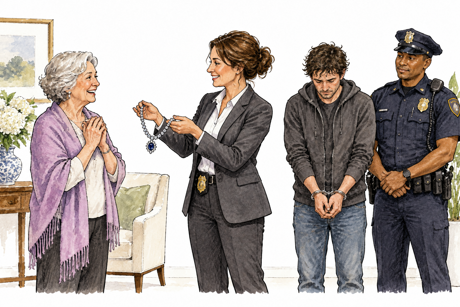 The concluding scene of a mystery: a woman investigator returns a recovered jeweled necklace to its relieved older owner while a chastened thief, hands together, stands beside a calm police officer.