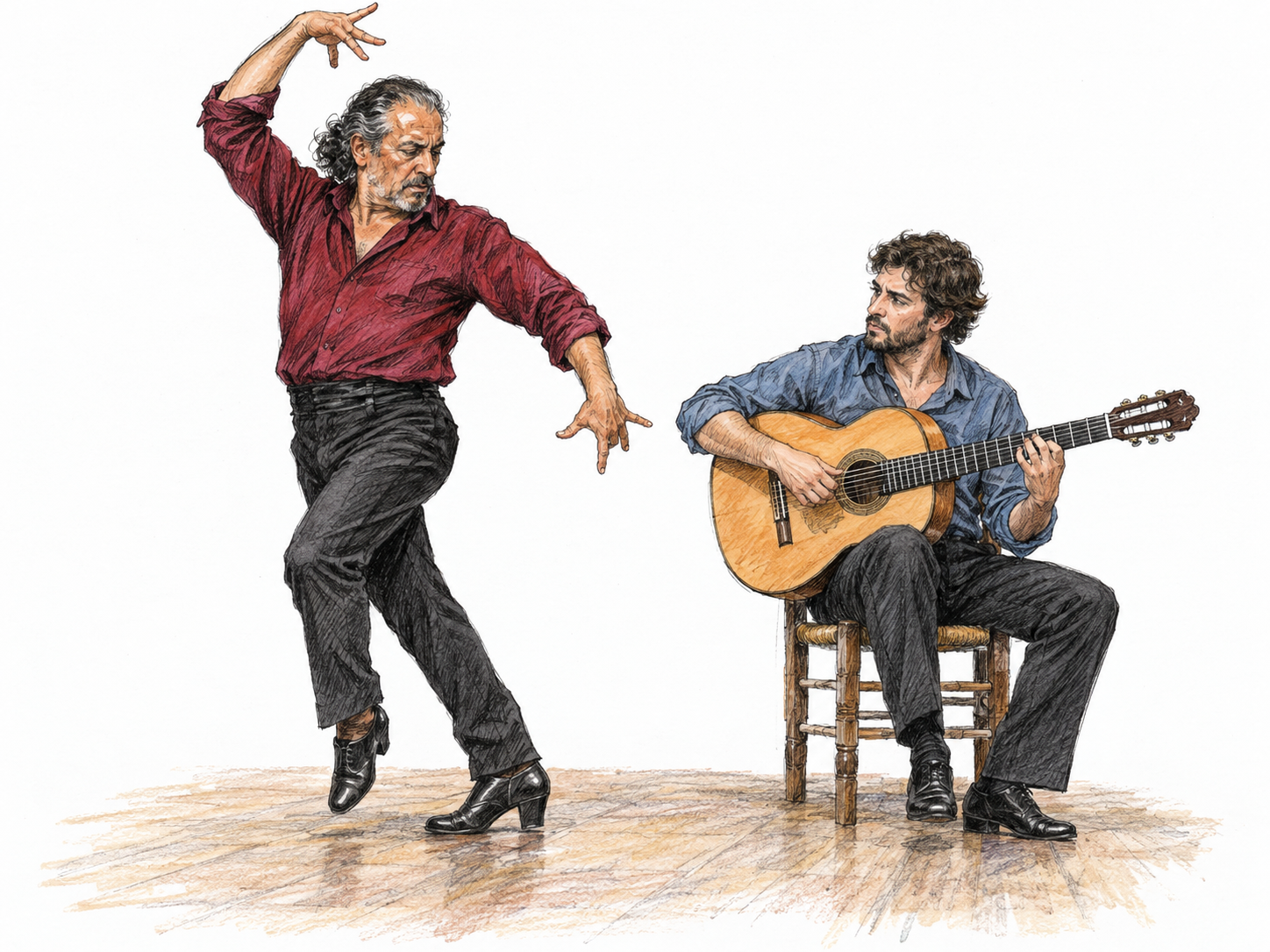 An Andalusian flamenco dancer performs a forceful heel stamp while a seated guitarist accompanies him, conveying the intensity of both dance and music in a spare performance setting.