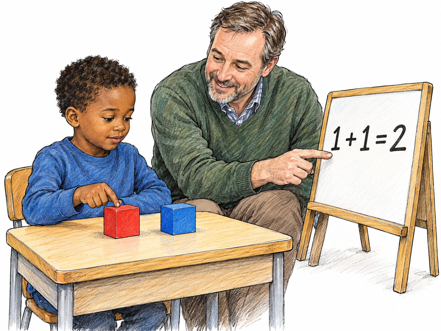 A young pupil learns basic addition with counting blocks as a teacher points to the simple equation 1 + 1 = 2, visibly combining first-stage schooling with rudimentary knowledge.