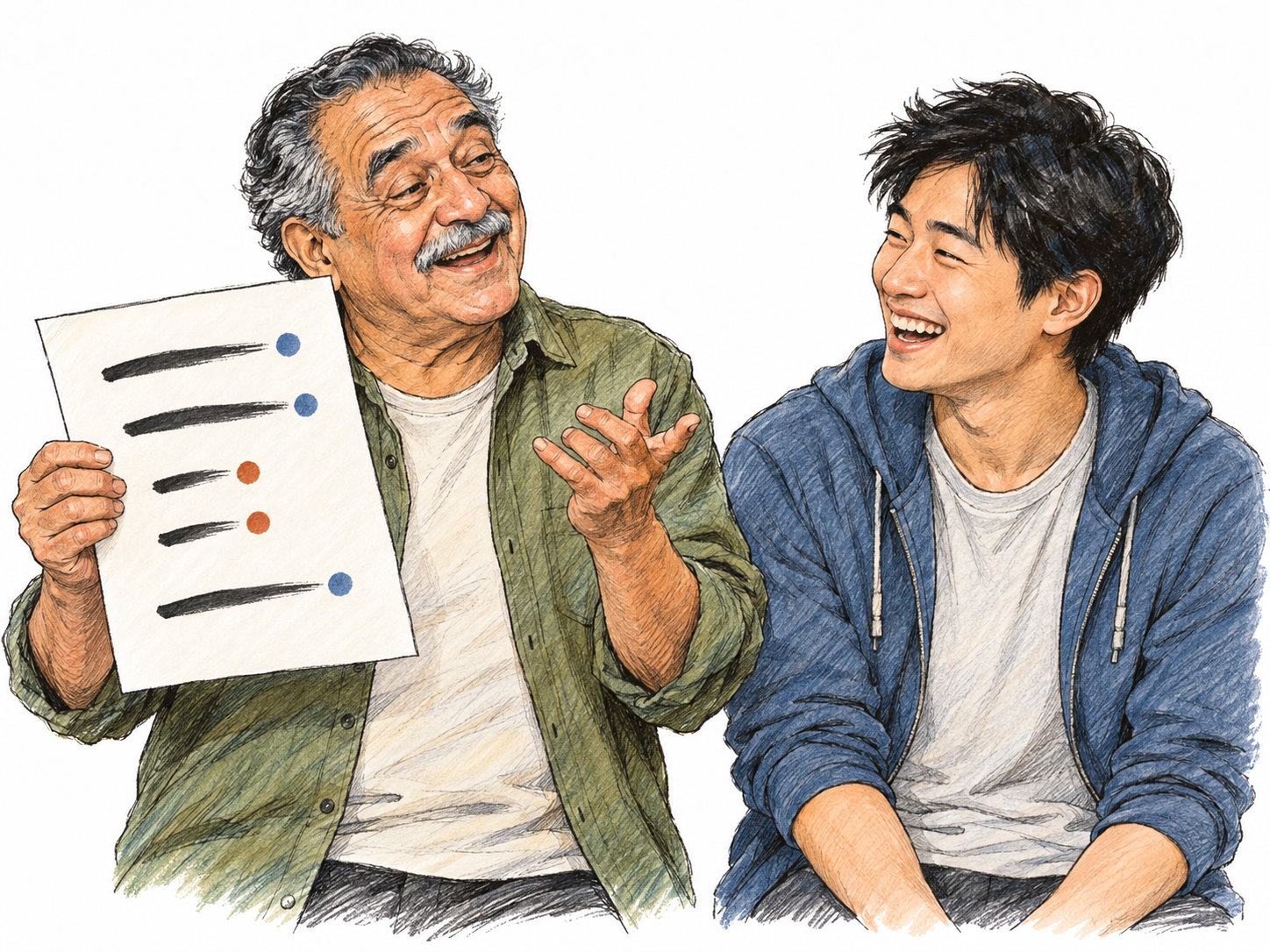 An older man cheerfully recites a short comic poem to an amused younger listener.