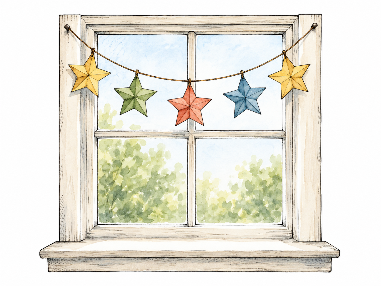 A small handmade paper star garland hung around a plain home window, embellishment central with minimal setting, no people or words.