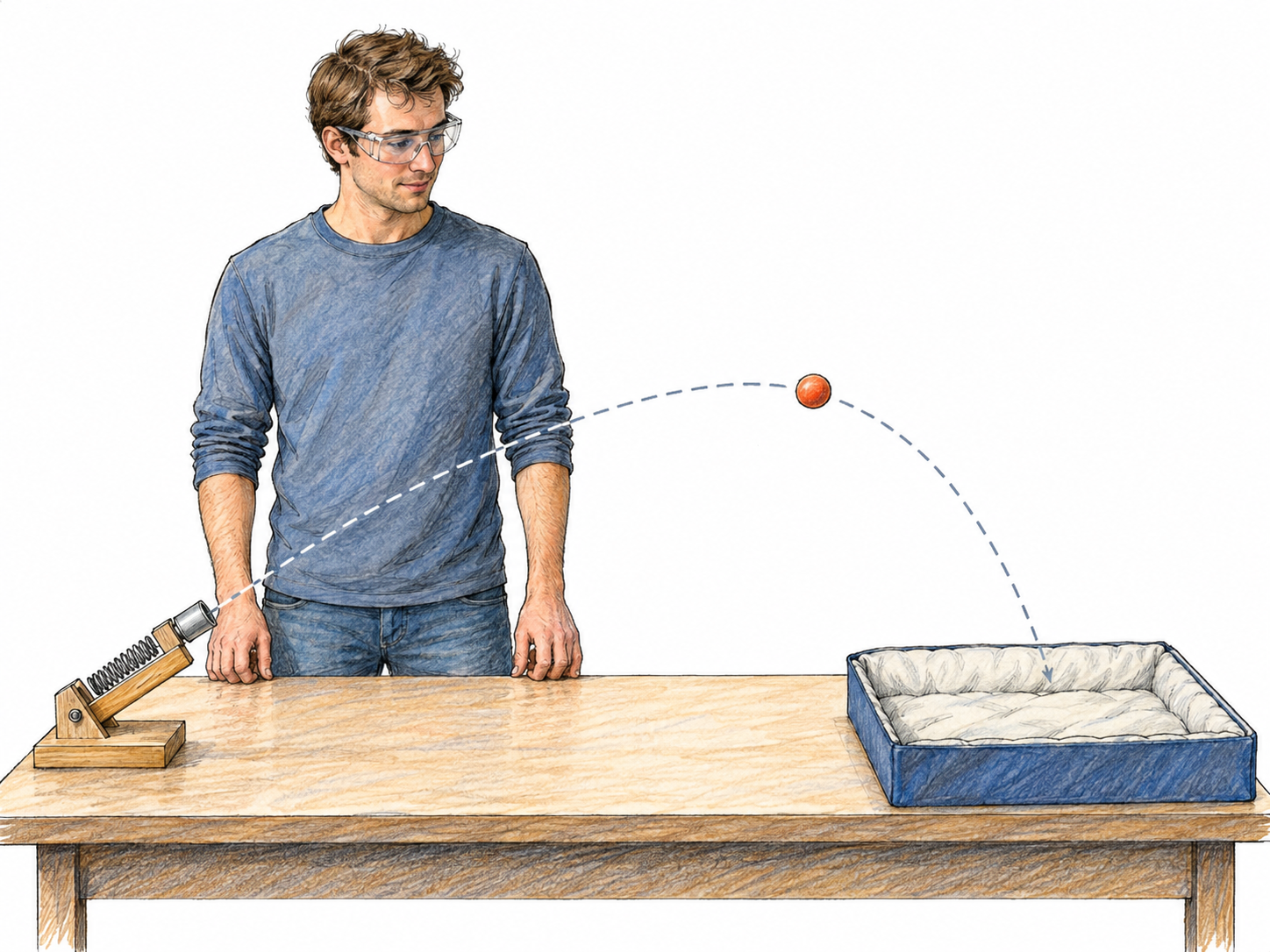 A simple modern physics demonstration: a young scientist observes a small ball launched from a tabletop spring launcher, with a faint dotted trajectory showing its curved flight into a padded tray.