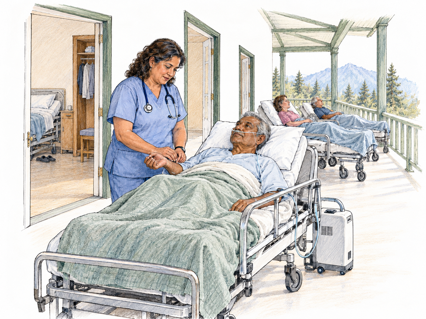 A purpose-built convalescent medical facility with a broad fresh-air treatment veranda: several patients rest in wheeled reclining beds beneath blankets while a nurse checks one patient's pulse.