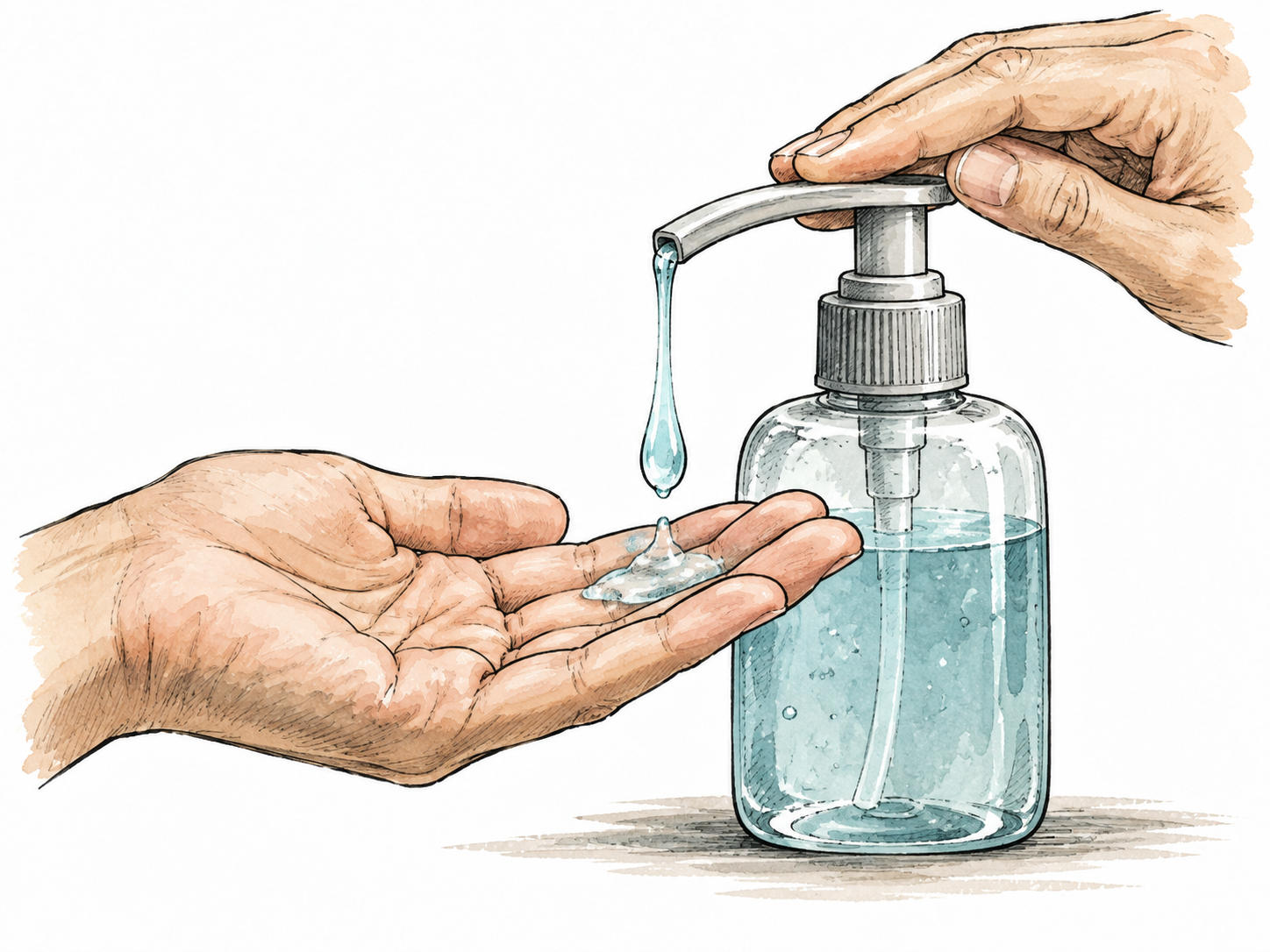A measured dose of liquid soap drops from a pump into an open hand.