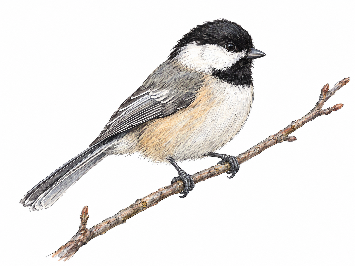 A single black-capped chickadee perched on a slender bare twig, shown in three-quarter side view with its dark cap, white cheeks, black throat patch, and compact body clearly visible.