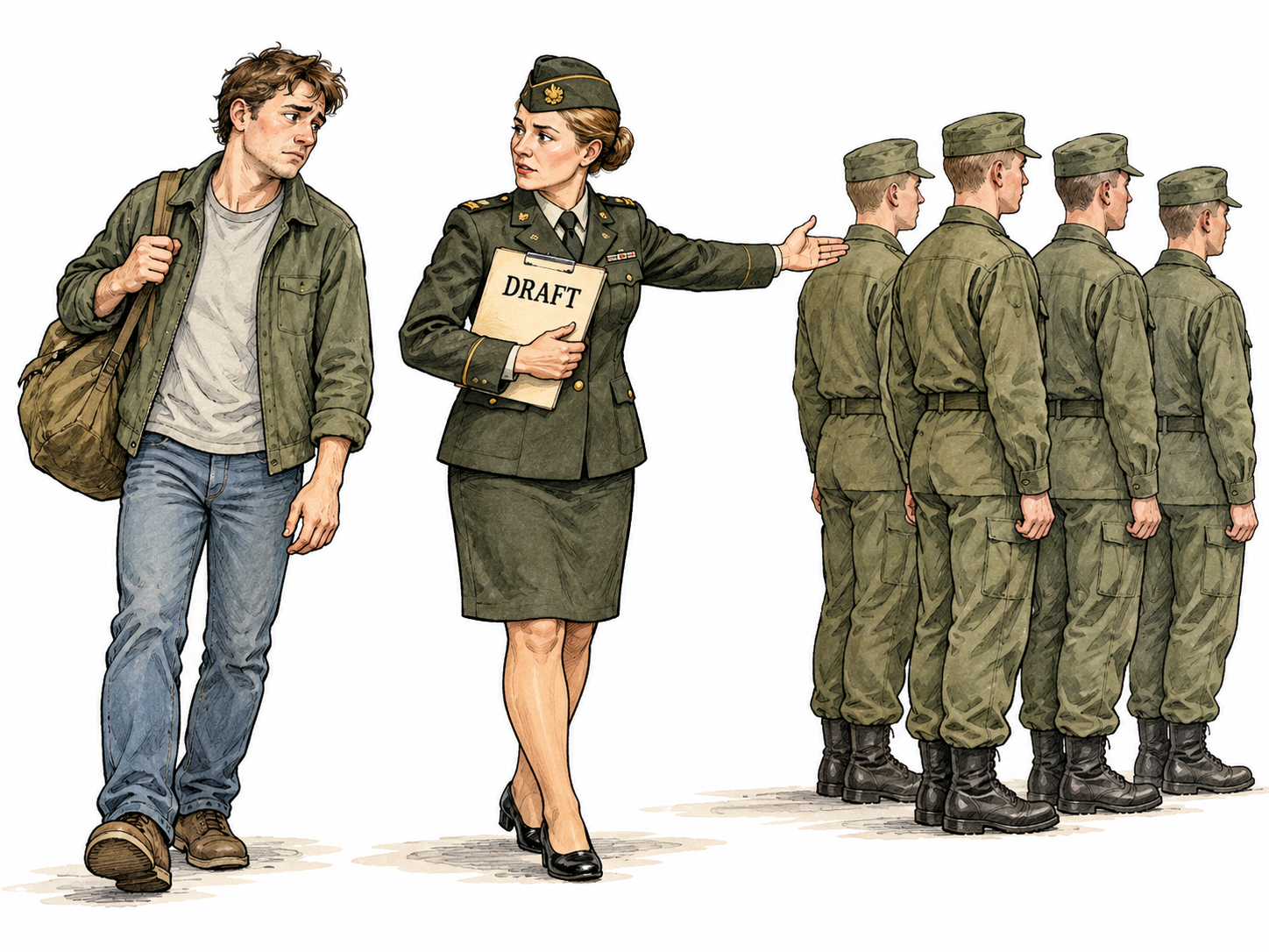 A reluctant adult civilian in plain clothes is directed by a uniformed recruitment officer toward a line of military recruits; an official paper bears only the functional word DRAFT, sober nonviolent scene.