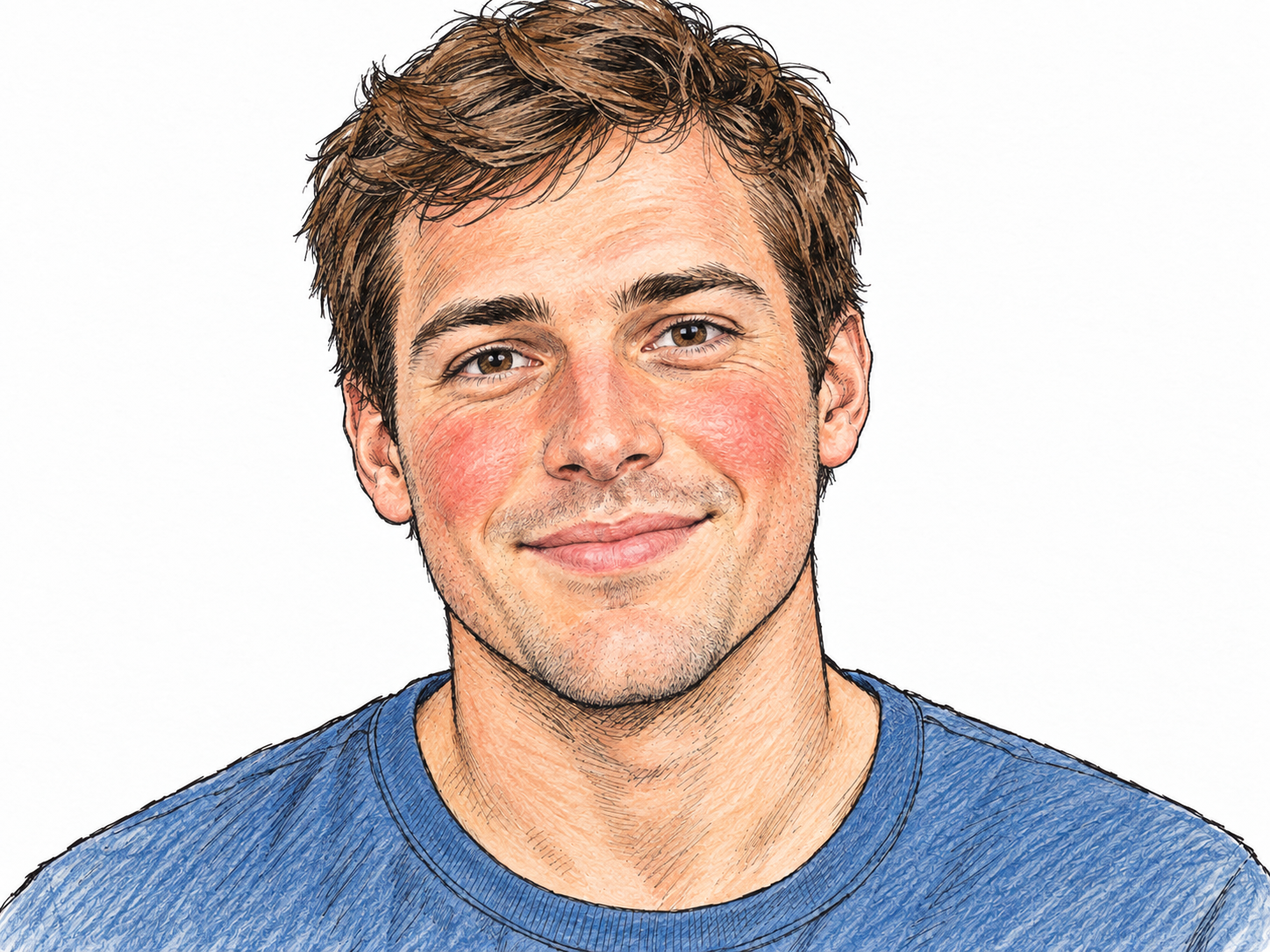 A close portrait of a healthy young man with a naturally ruddy complexion: warm reddish cheeks, clear eyes, and a relaxed smile.