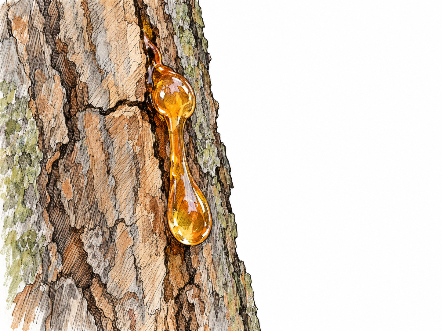 Thick amber tree sap slowly emerging through a narrow bark crack, forming a rounded bead and a short viscous trail.
