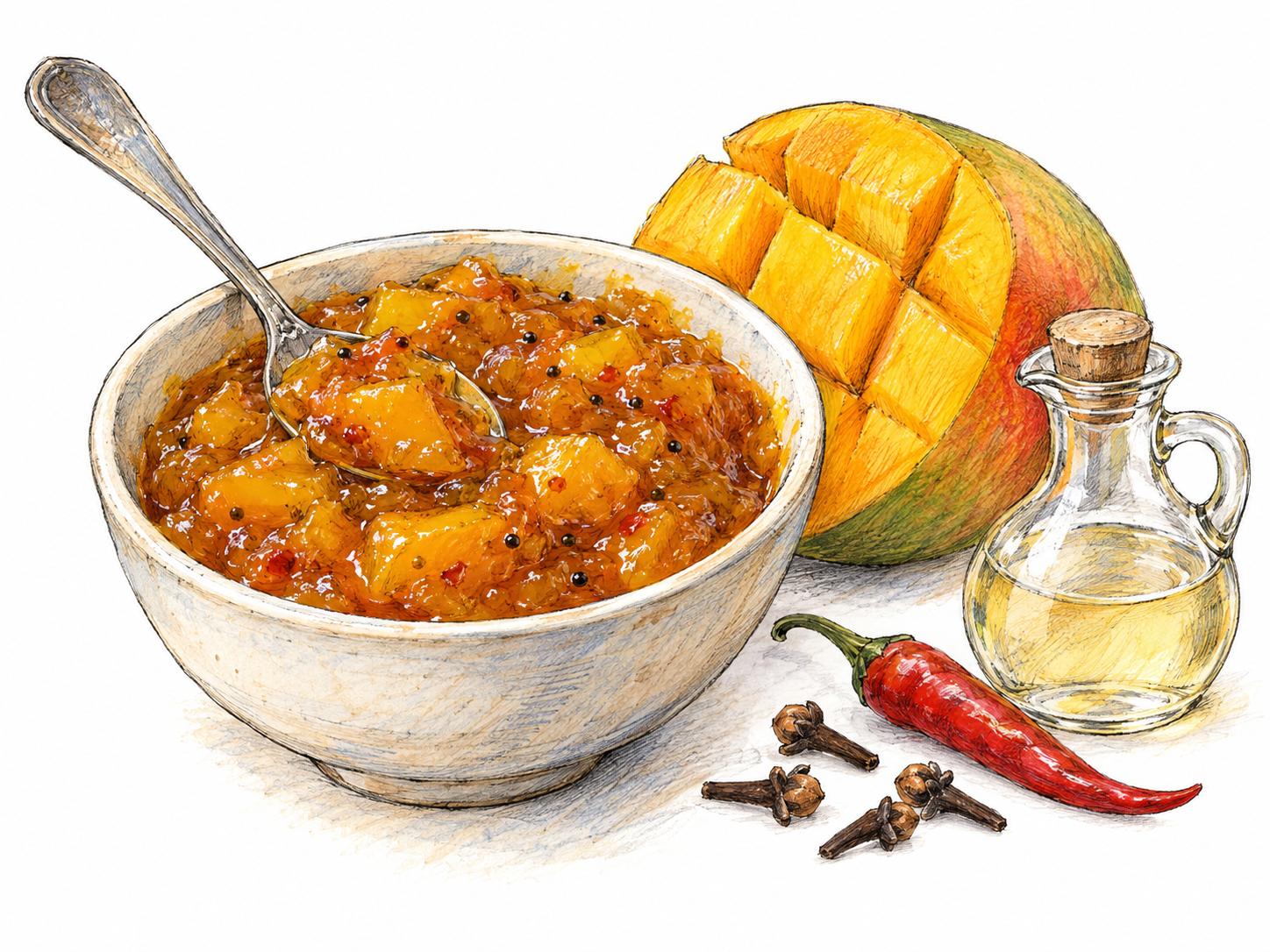 A small ceramic bowl of chunky mango chutney with a spoon, accompanied by a cut mango, a small unlabelled vinegar cruet, a red chili, and a few whole spices.