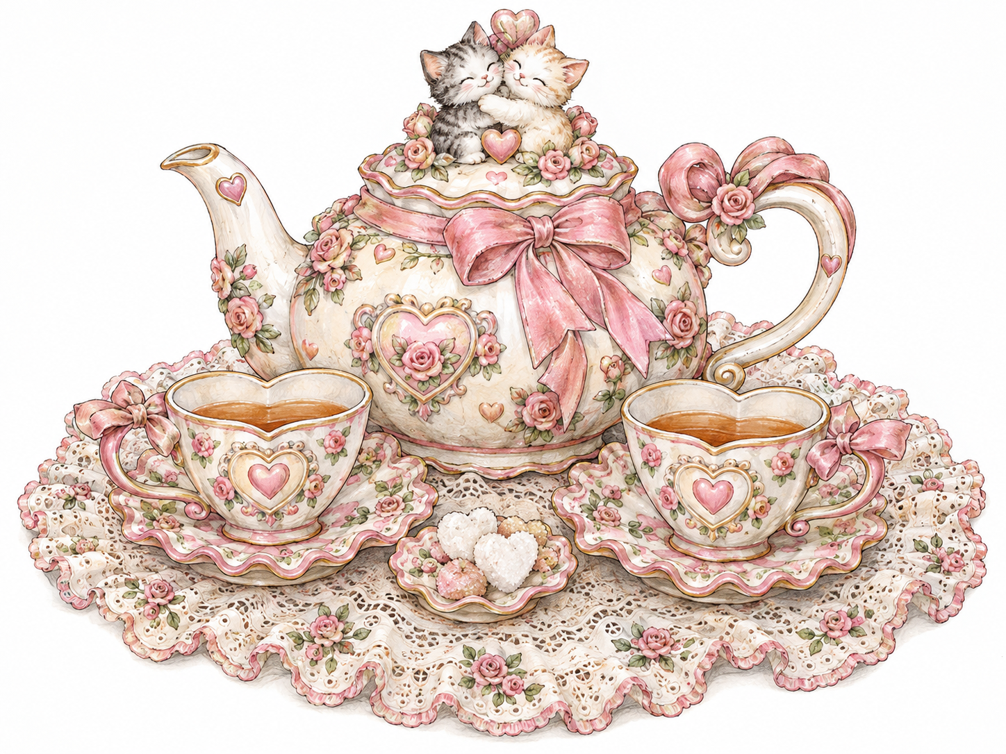 An extravagantly dainty porcelain tea set with heart-shaped cups, miniature embracing kitten ornaments, pink bows, scalloped edges and layers of floral lace: cuteness piled conspicuously beyond practical decoration.