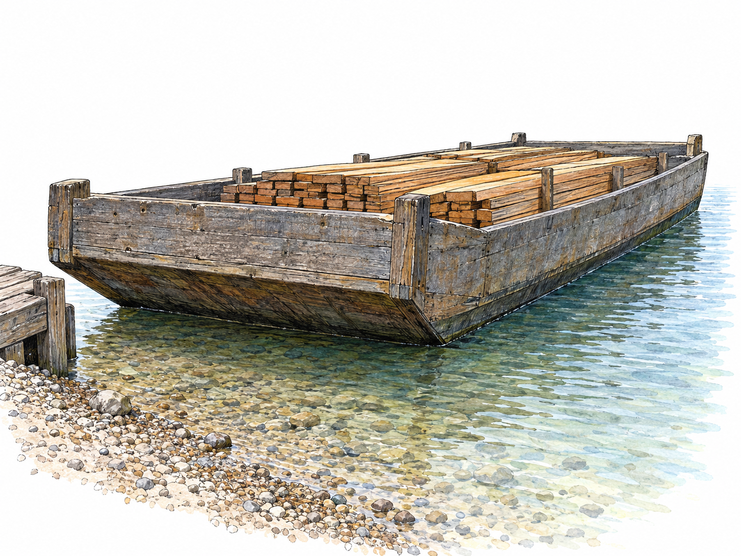 A broad cargo scow in clear shallow water, shown from a low three-quarter angle so its squared ends, shallow boxlike hull and flat underside are visible, with a substantial load of neatly stacked timber.
