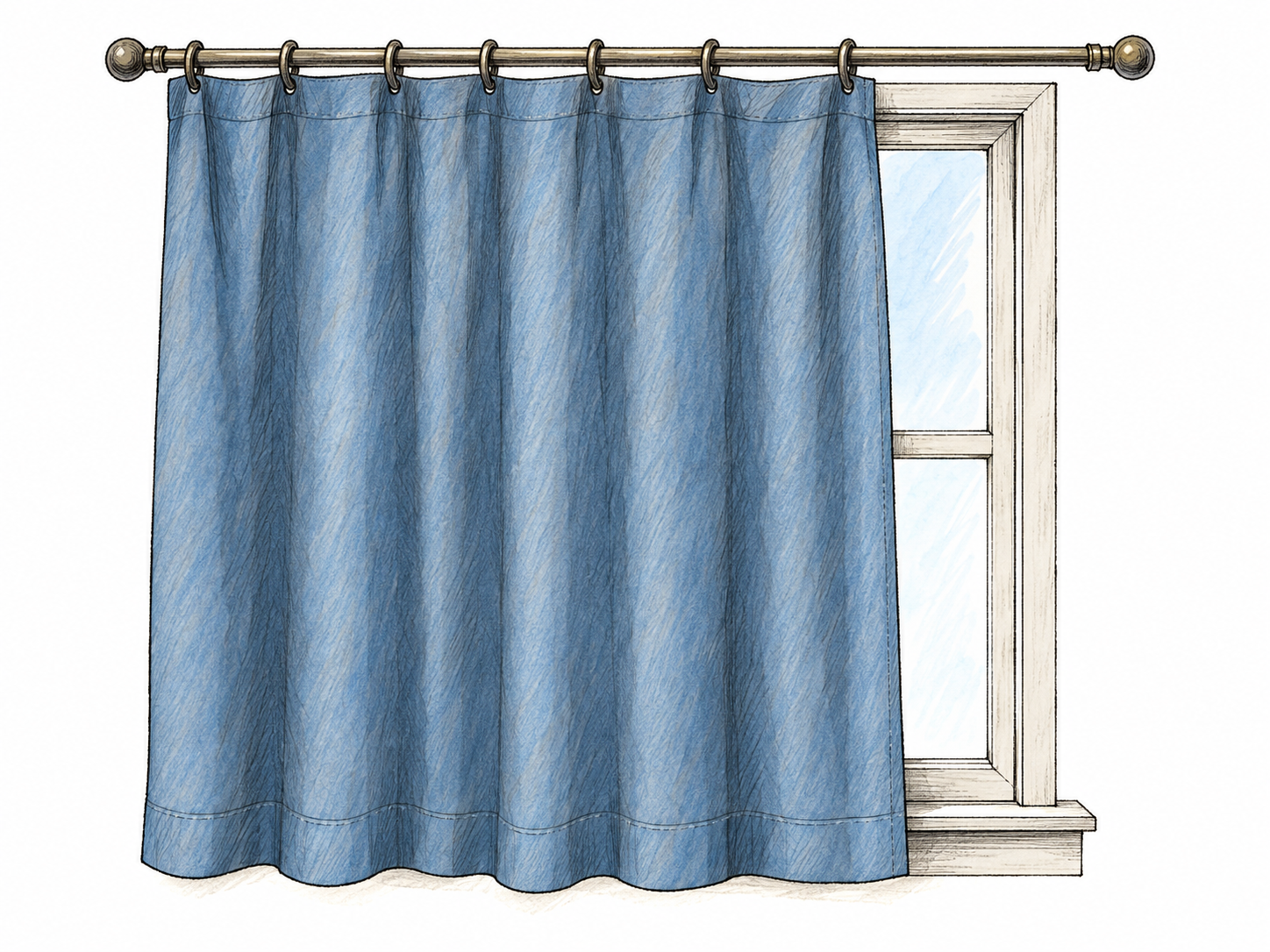 A softly folded fabric curtain hangs from a rod across most of a simple window, leaving a narrow strip of windowpane exposed so its covering function is immediately clear.