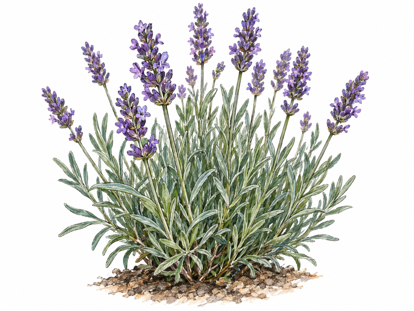 A living lavender plant with slender gray-green leaves and upright spikes of tiny purple flowers, shown clearly enough to distinguish the plant from the lavender color or a cut bouquet.