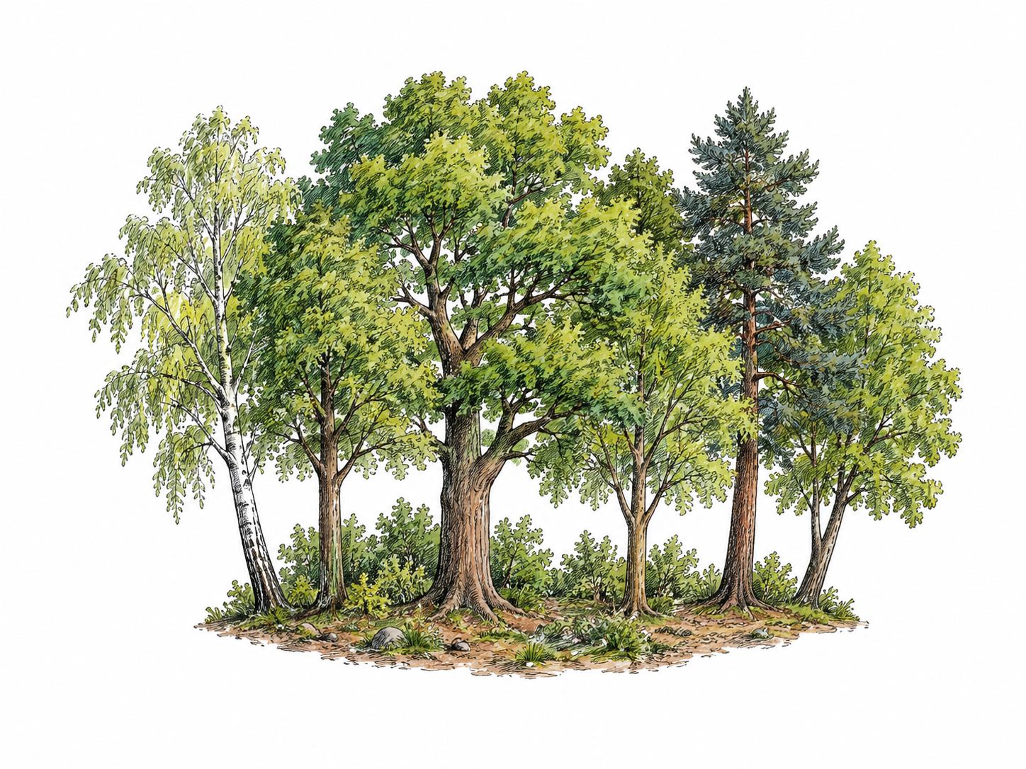 A small compact clump of six woodland trees forms a spinney, with a minimal soil base and broad white margins rather than a landscape panorama.