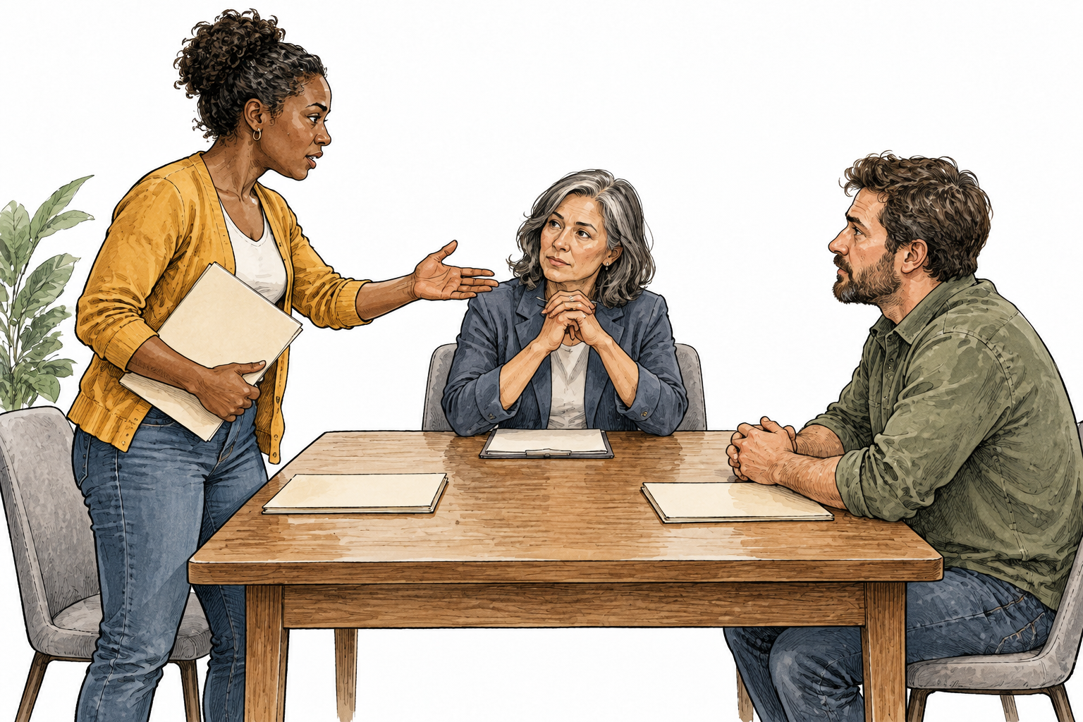 Focus on the person making an allegation, standing before a seated neutral mediator and gesturing toward another adult, everyday clothing, blank folders.