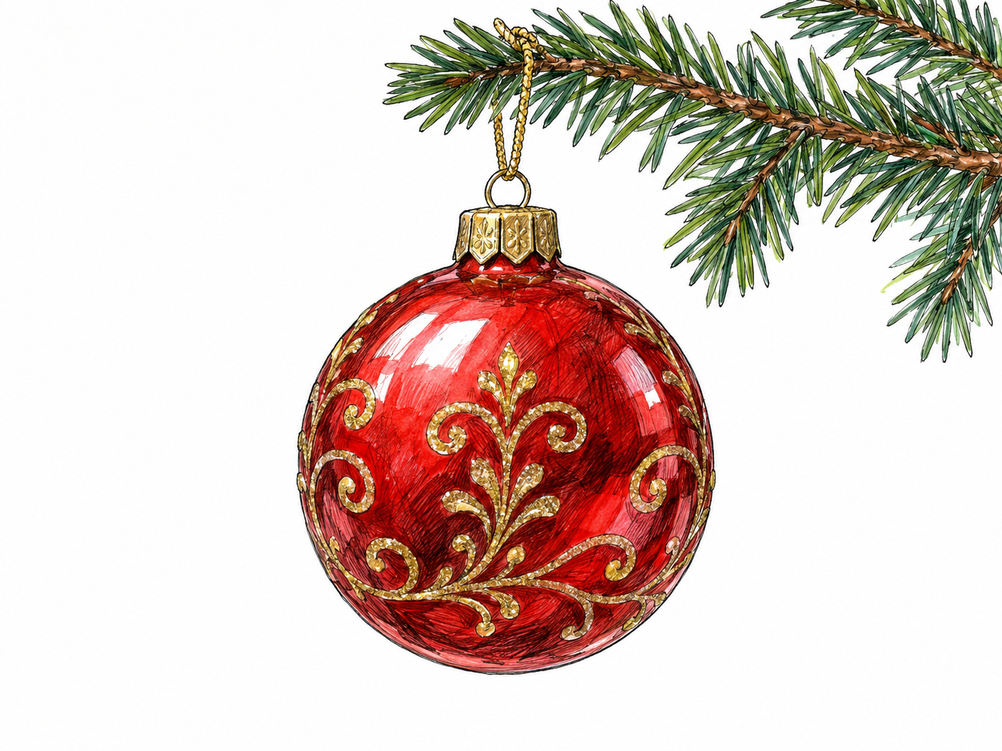 A decorative glass bauble hangs from a small evergreen branch, making the ornament and the thing it beautifies visible together.