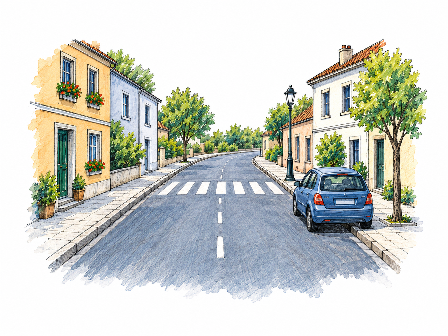 A clearly defined paved town street running between two short rows of buildings, with raised sidewalks, a pedestrian crossing and a parked car establishing its public urban use.