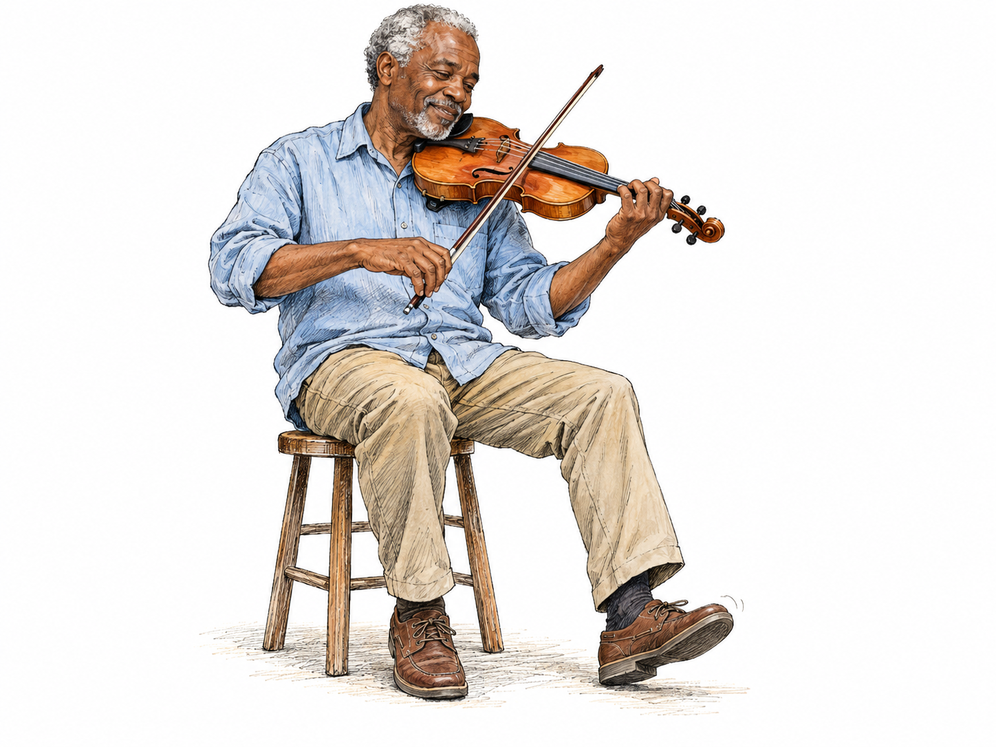 An older man energetically playing a violin in a casual folk-music setting, with the instrument and bowing action clearly visible.