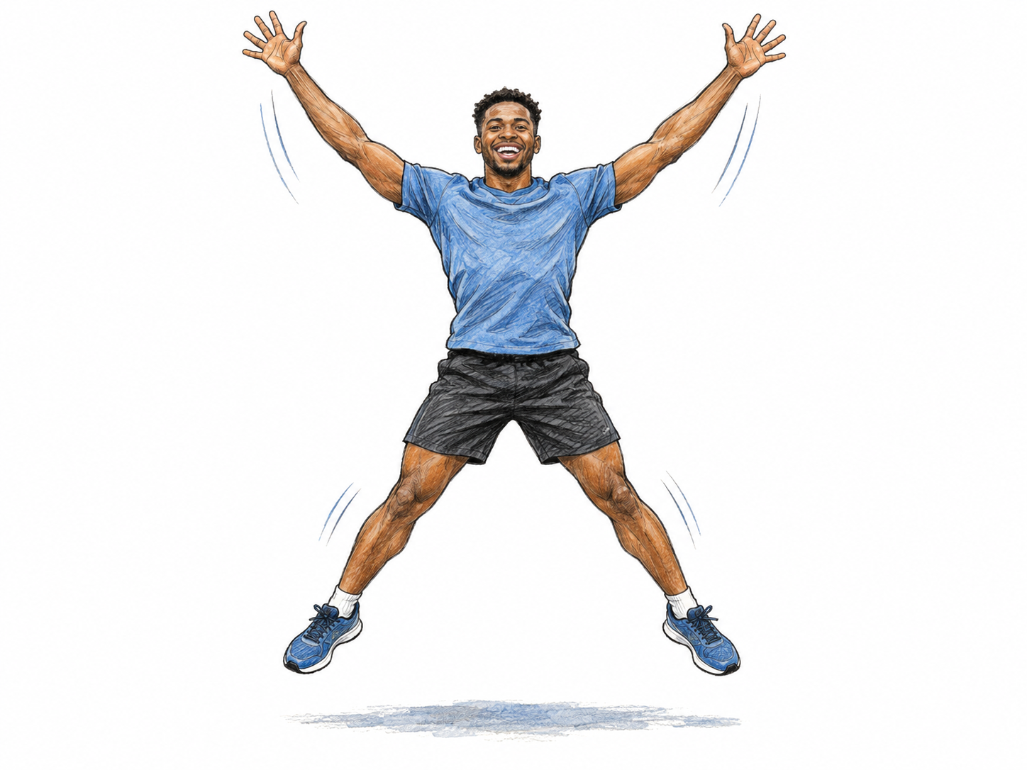 A young man performs an exuberant jumping jack, springing off the ground with arms raised, legs spread, and a broad, lively smile.