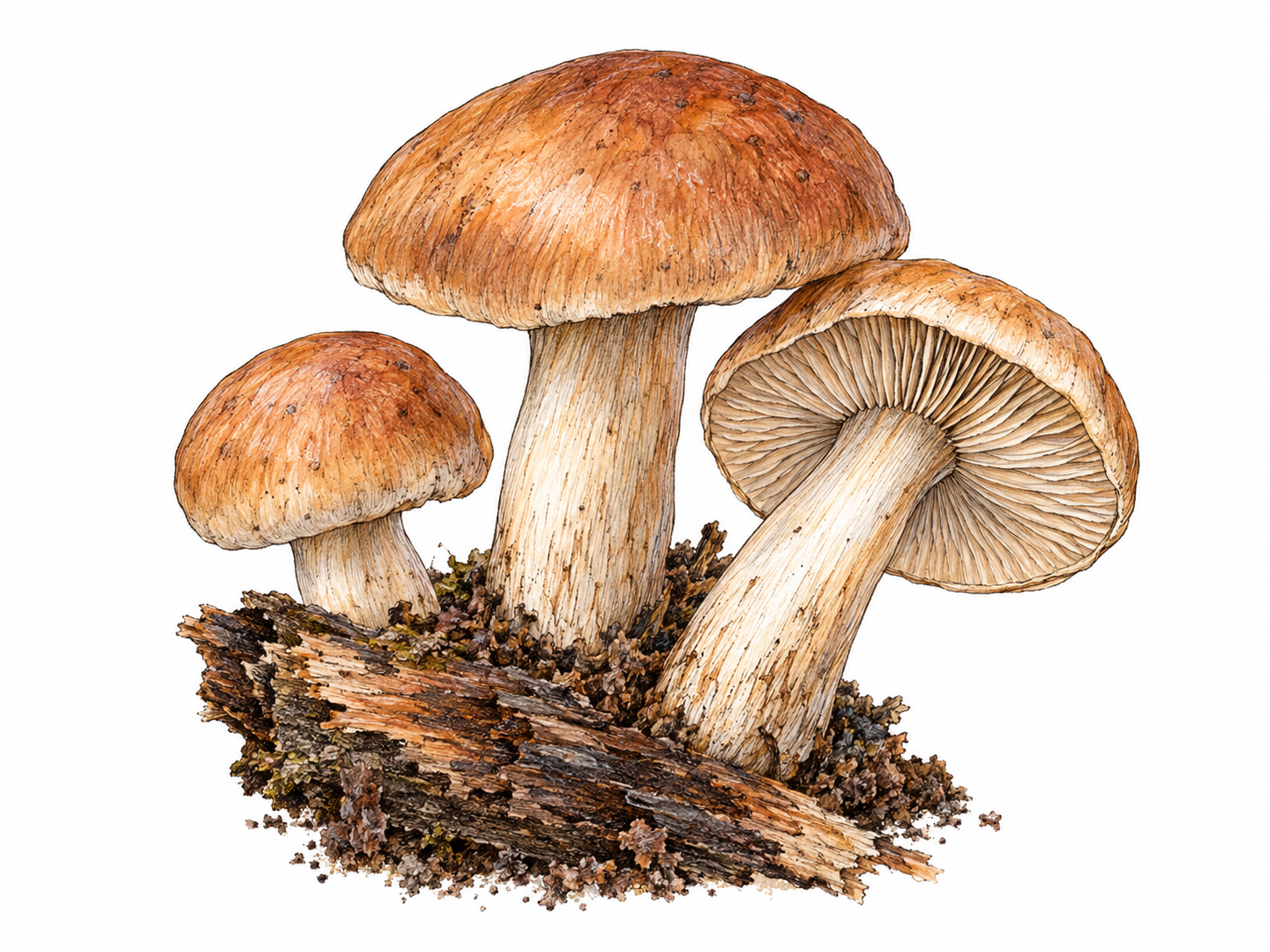 A small cluster of naturally growing mushrooms on a fragment of decaying wood, with one tilted cap exposing its gills.