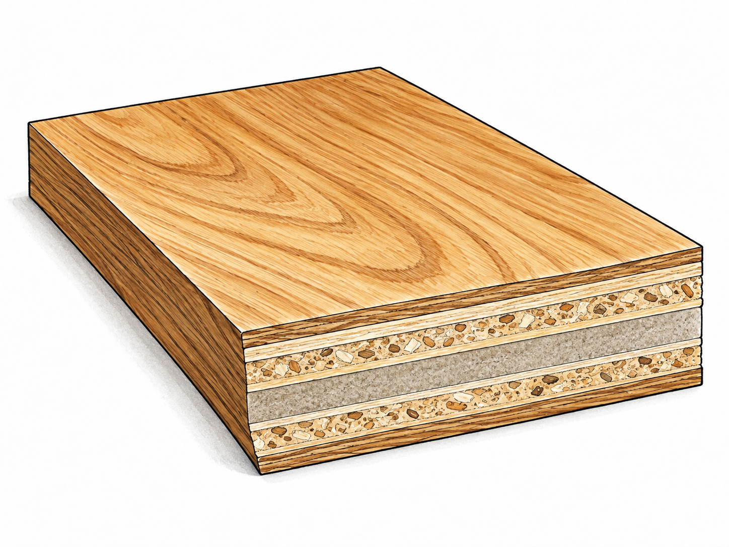 Cross-section of laminated wood panel with distinct layered materials unified into one board, clear composite construction.