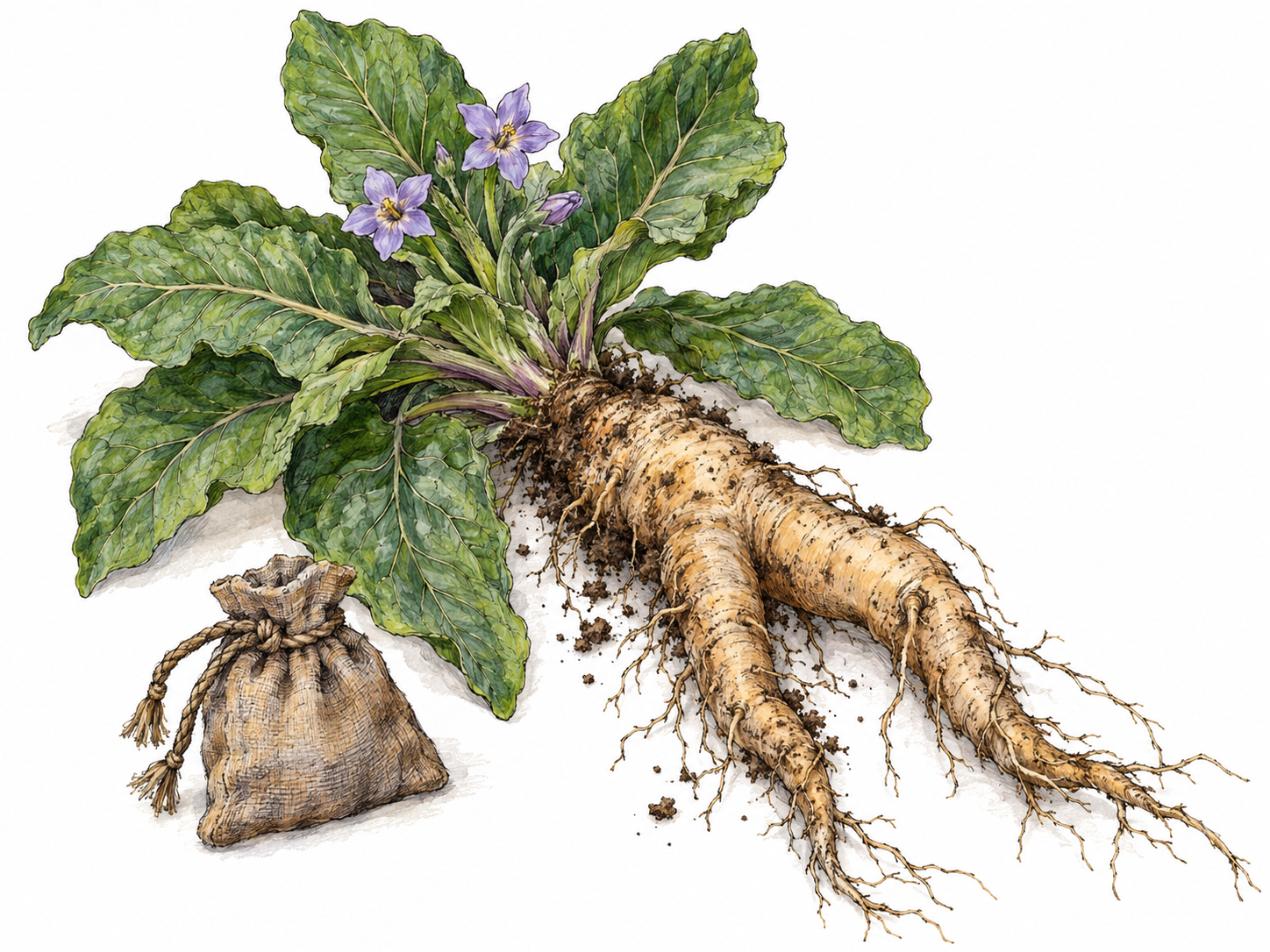 A botanically realistic uprooted mandrake with its leafy rosette, small violet flowers, and thick forked root clearly visible.