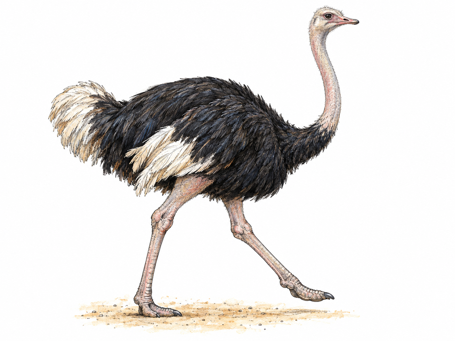 A single ostrich walking in side view, with one foot planted and the other stepping forward, clearly showing an animal moving on two feet.
