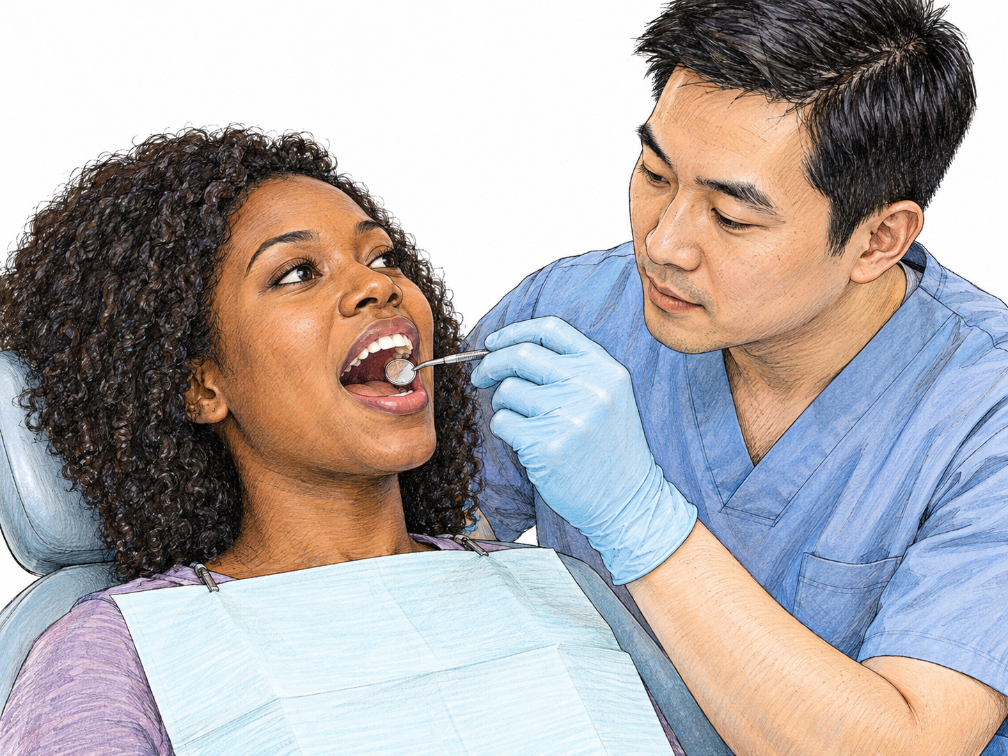 A close, simple oral examination: a dentist uses a small dental mirror inside a patient's open mouth, making the mouth-related sense directly visible.